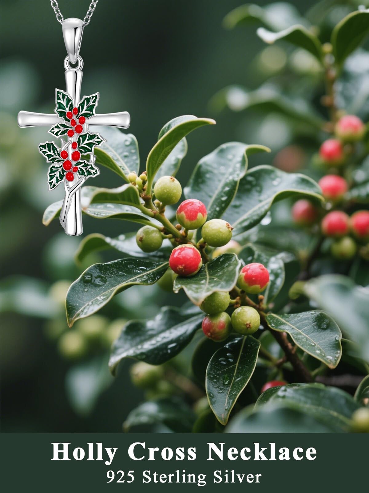 Cargari Holly Cross Necklace for Women 925 Sterling Silver Holly Cross Pendant Necklace Christmas Floral Jewelry Gift for Women