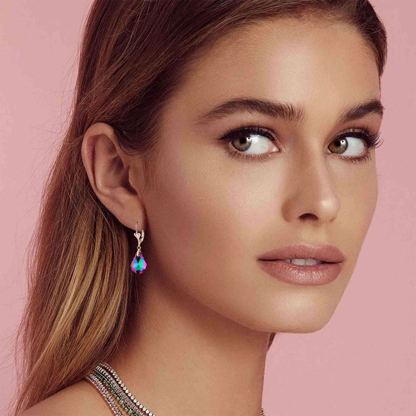 Austrian Crystal Baroque Drop Leverback Earrings for Women Fashion 14K Gold Plated Hypoallergenic Jewelry (Vitrail Medium)