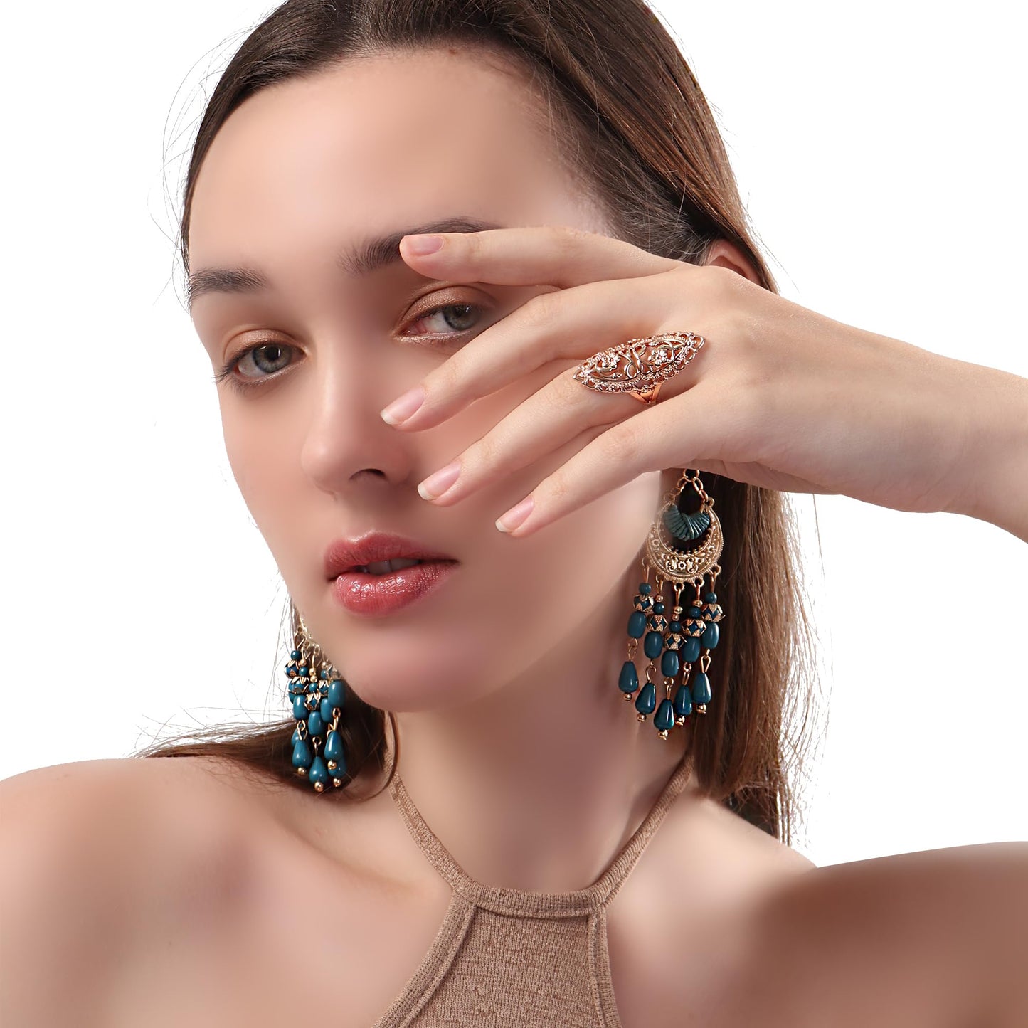 QOBEBOTA Rings for Women Rose Gold Rings Summer Boho Rings Big Thumb Ring Trendy Full Finger Rings Wide Band Womens Rings for Cocktail Party Birthday Gifts Size 9 Statement Rings for Women
