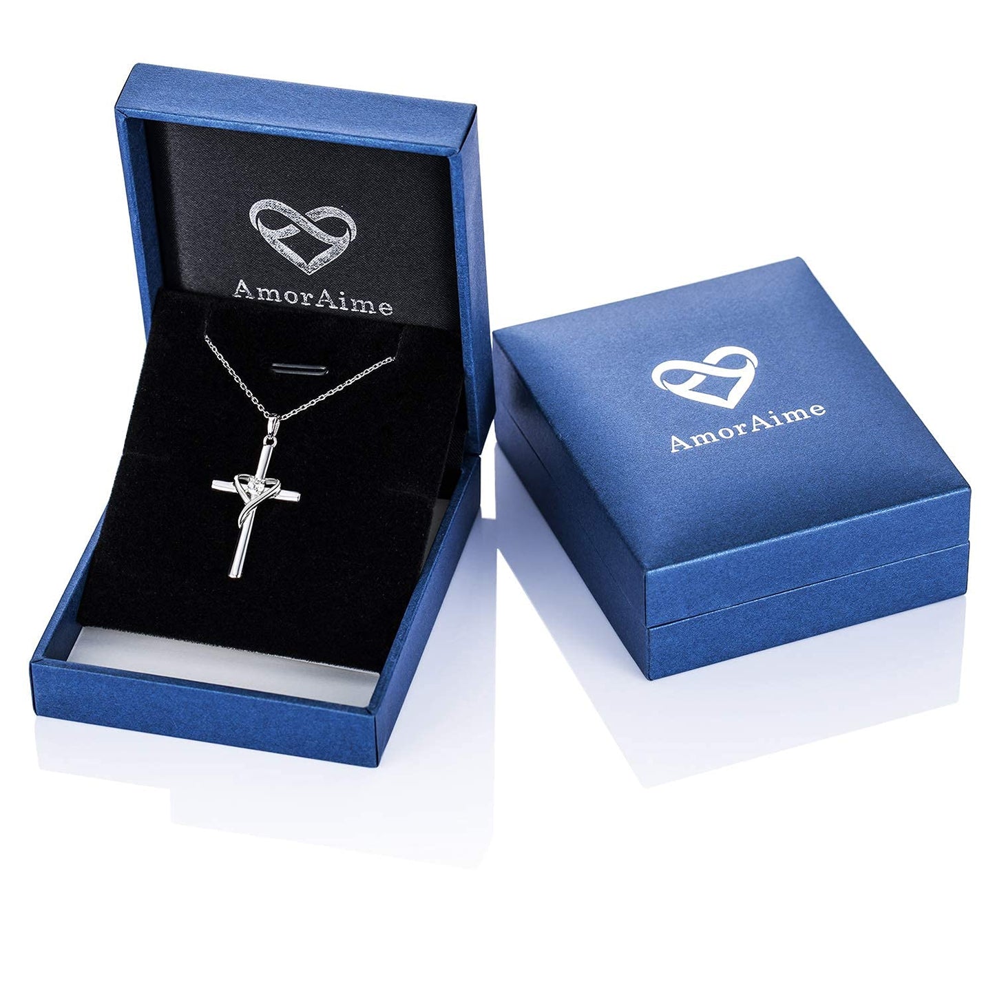 AmorAime 925 Sterling Silver Cross Necklace for Women Men 14K Gold Plated 5A CZ Birthstone Necklaces for Holiday (D.white-CZ-April)