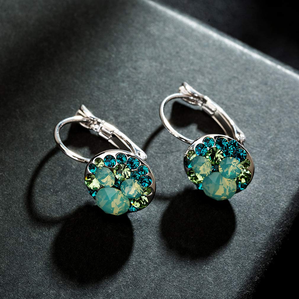 Multicolored Austrian Crystal Drop Earrings for Women 14K Gold Plated Hypoallergenic Leverback Dangle Earrings (Green Main Crystal/Silver-tone)