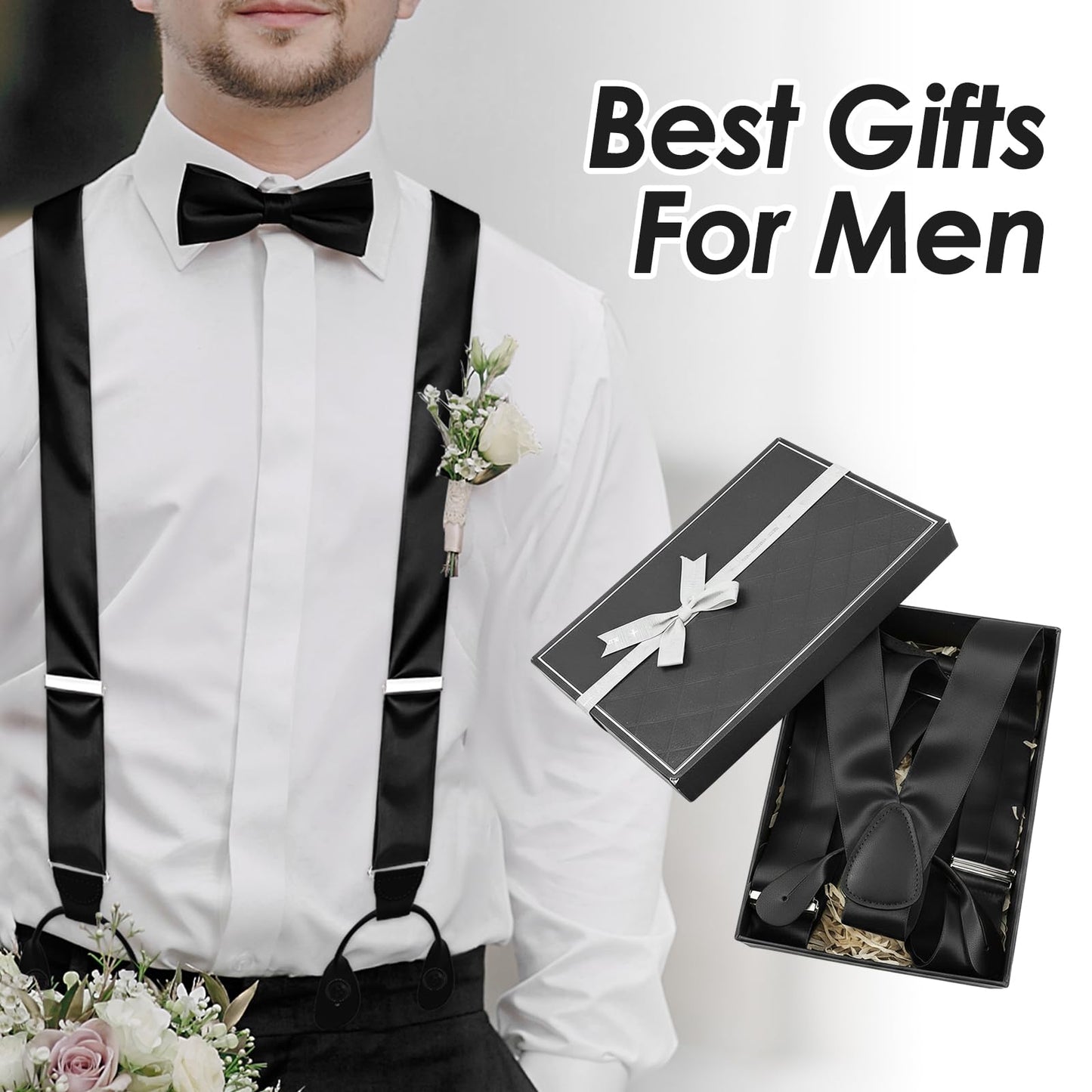 Yearntown Silk Suspenders for Men Black Tuxedo Formal Y Back Suspenders Men 46inch Formal Button End Braces for Tuxedo Pants(Classic)