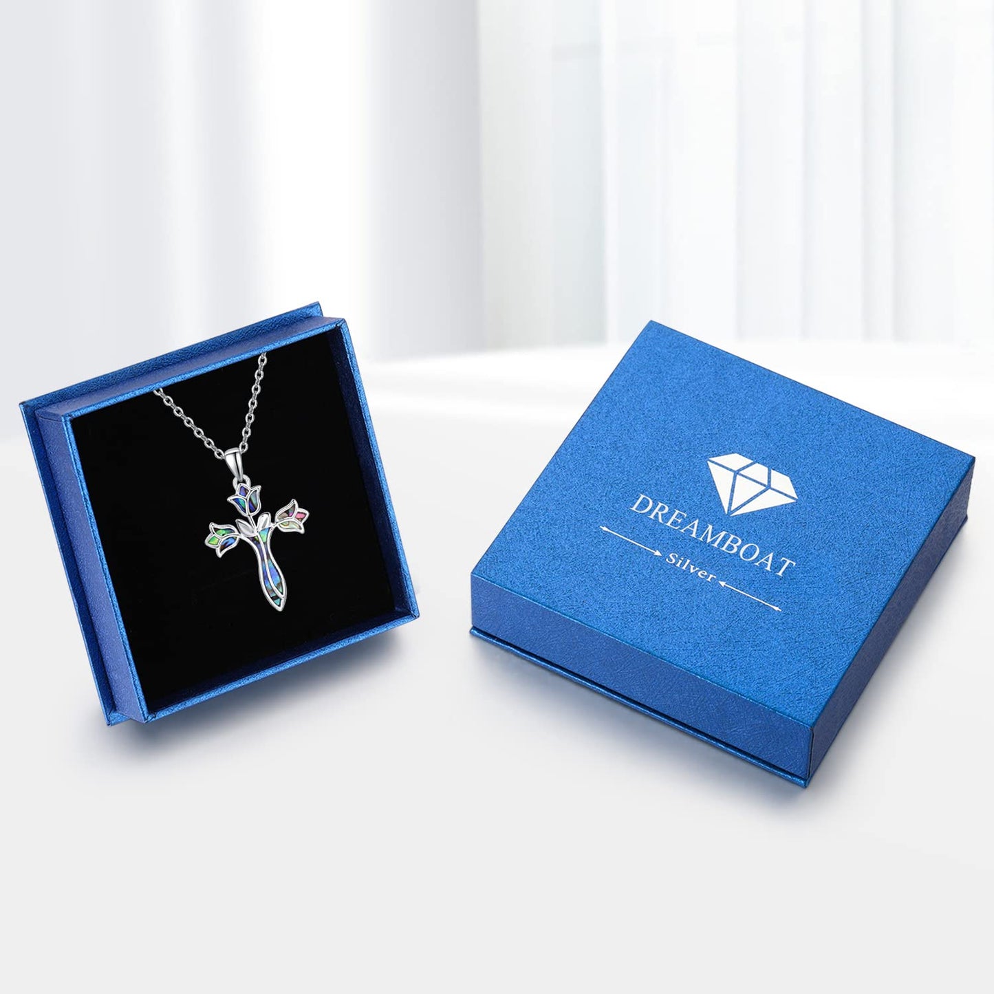 Dreamboat Cross Necklace for Women Sterling Silver Cross Pendant Women Christian Necklace Flower Rose Confirmation Baptism Religious Tulip Gifts Custom Personalized Birthstone Jewelry