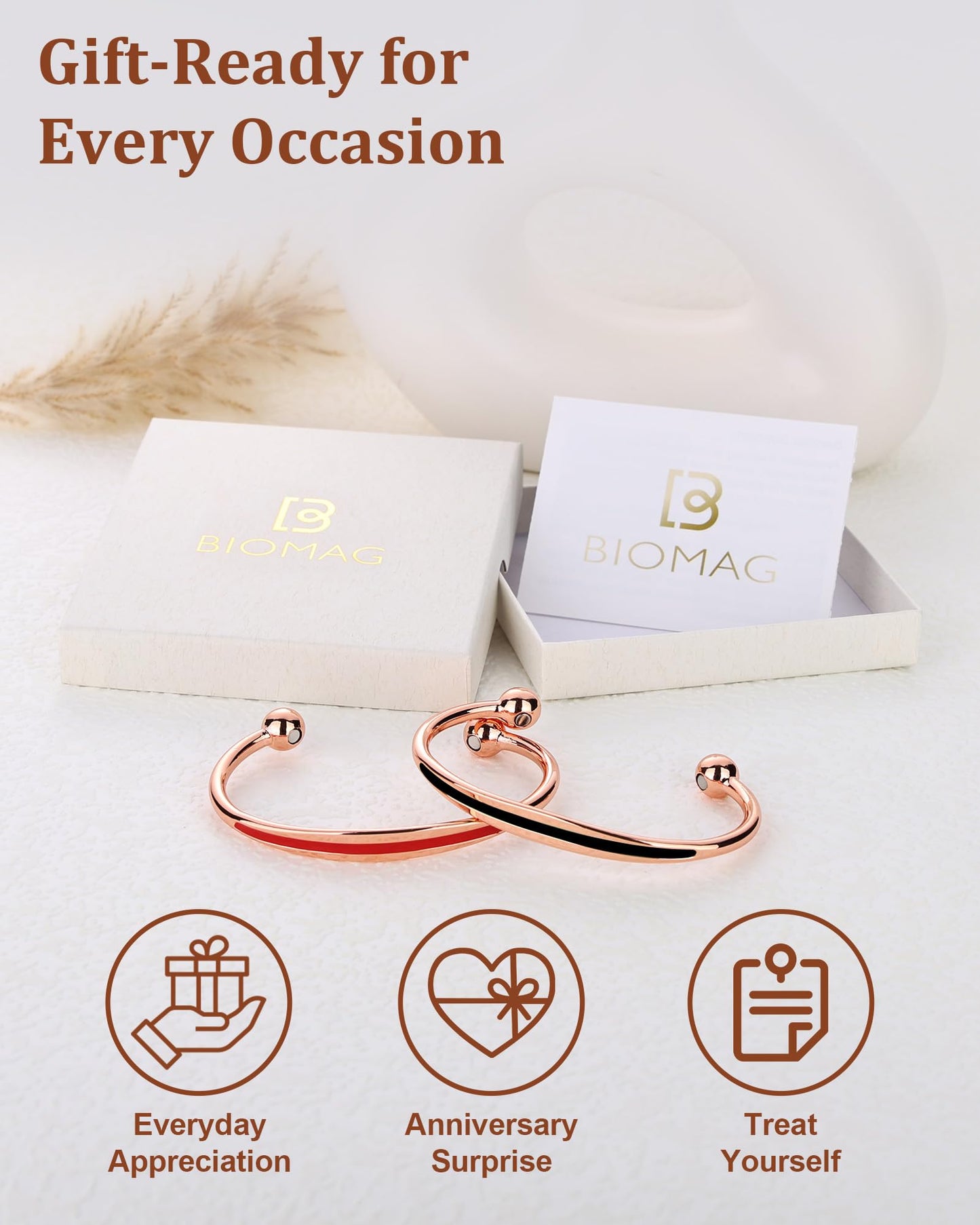 BioMag 2Pcs Copper Bracelets for Women Men, 99.9% Pure Copper Magnetic Bracelet Cuff Bangle with 8Pcs Magnets, Adjustable Jewelry Gifts, Black, Red