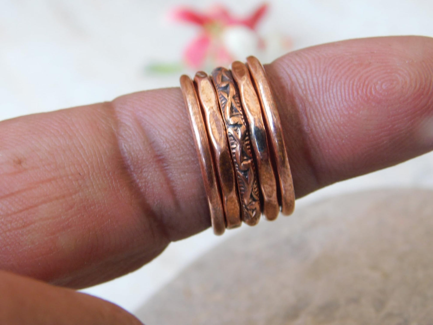 Set of 5 Hand Pure Copper Rings. Made with 100% Pure Raw Untreated Copper. Helps Reduce Finger Joint Pain and Swelling. Tibetan Healing Medicine Ring Set. (US-11)