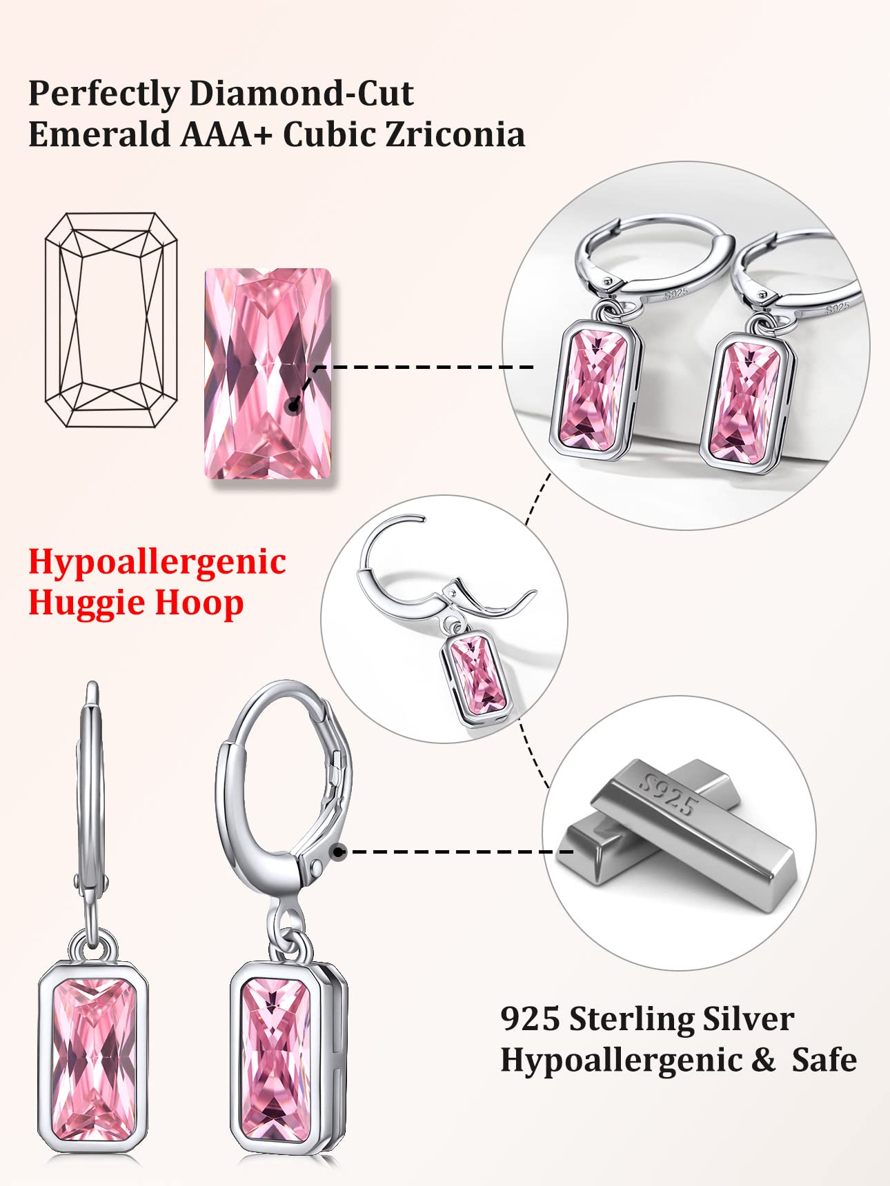 Bestyle Silver Pink Tourmaline Drop Earrings | Hypoallergenic Silver Huggie Hoop Leverback Earrings | Small Sparkle October Birthstone Dangle Earrings For Women