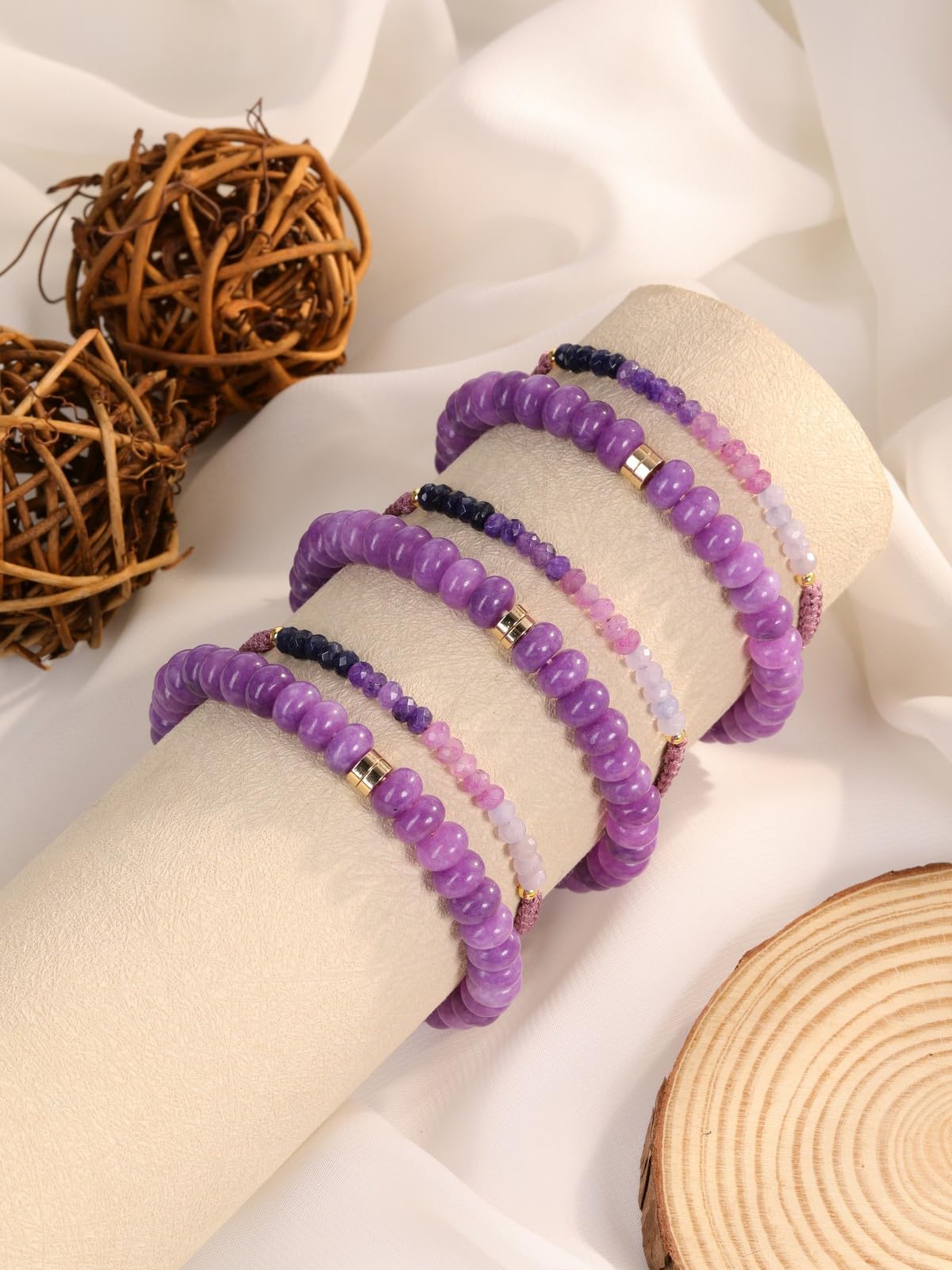 CrystalTears Purple Jade Beaded Bracelets for Women, 2pcs Stackable Boho Crystal Gemstone Bracelets Set with Stretch Bracelet and Adjustable Braided Bracelet Summer Beach Jewelry Gifts for Women Her