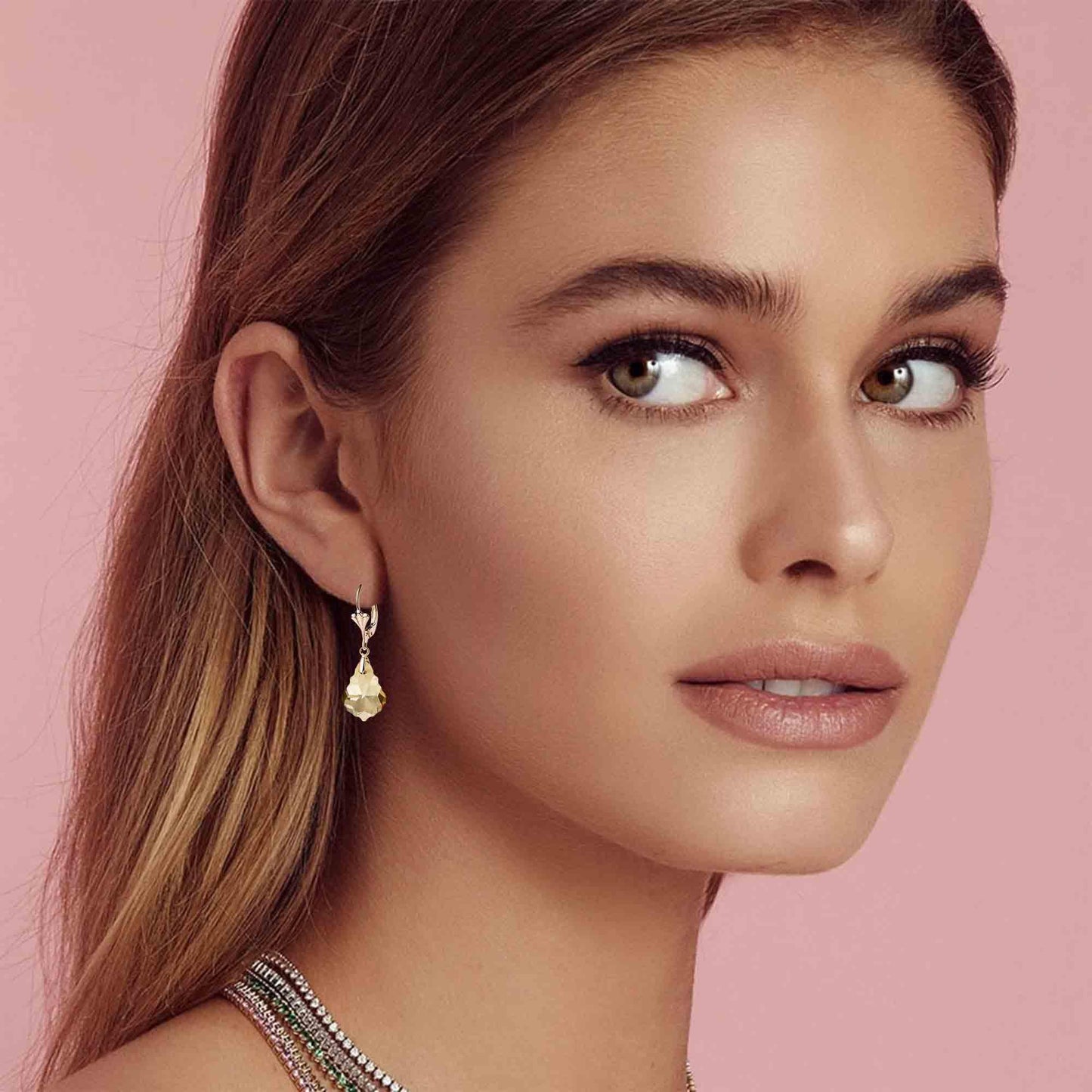 Austrian Crystal Baroque Drop Leverback Earrings for Women Fashion 14K Gold Plated Hypoallergenic Jewelry (Topaz)