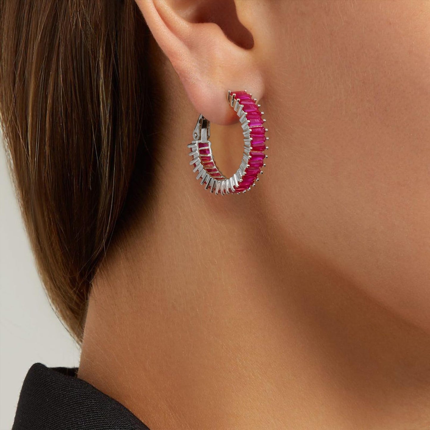 GLOQUAT Hot Pink Earrings for Women Fuchsia Earring Silver Plated Cubic Zirconia Hoops Fashion Baguette Hoop Earring Womens Stacks Hoop Women Rose Pink Rhinestone Hypoallergenic Jewelry Gift