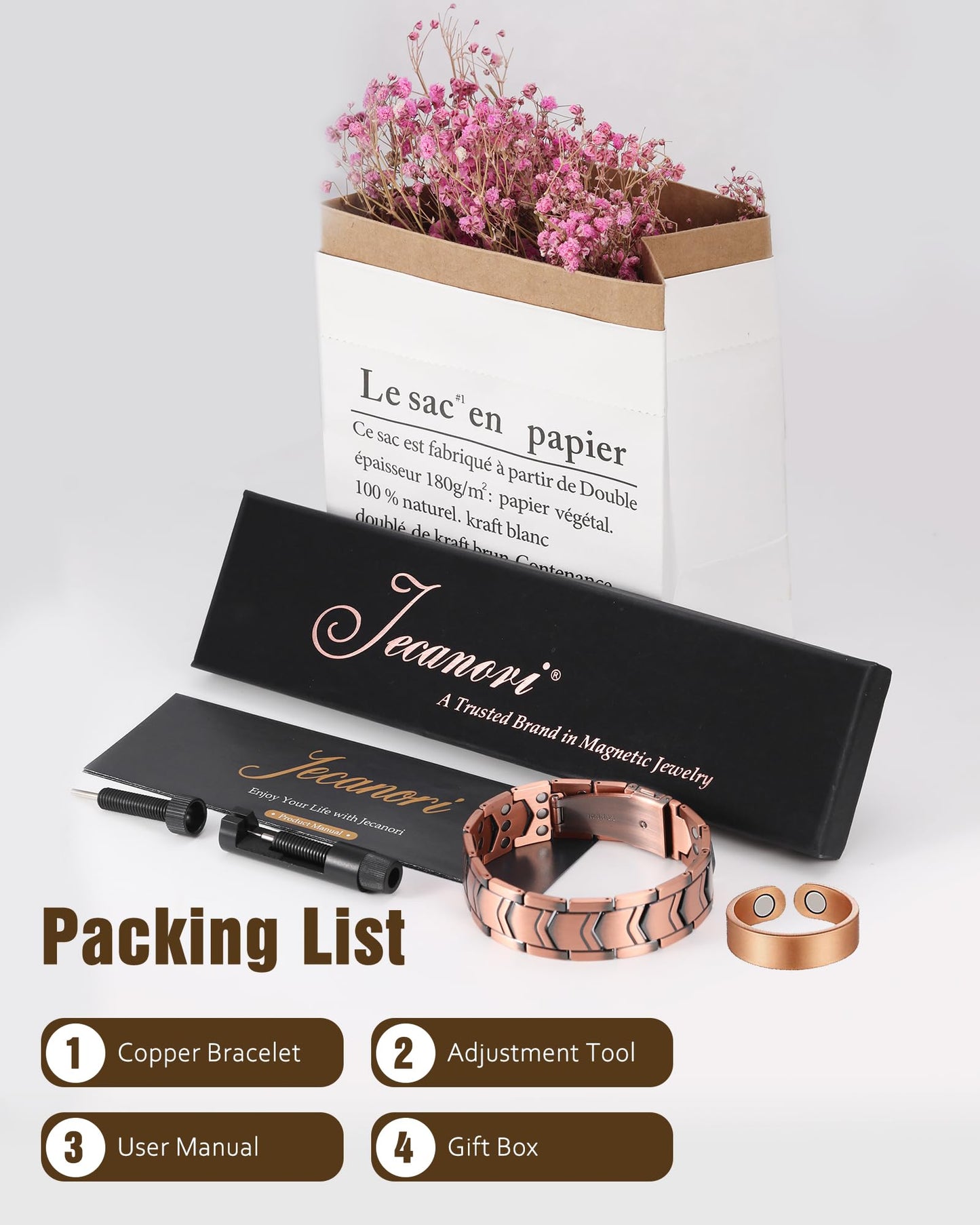 Jecanori Copper Bracelet for Men, 3X Strength Magnetic Bracelets for Men With Ring,Ideal Gift