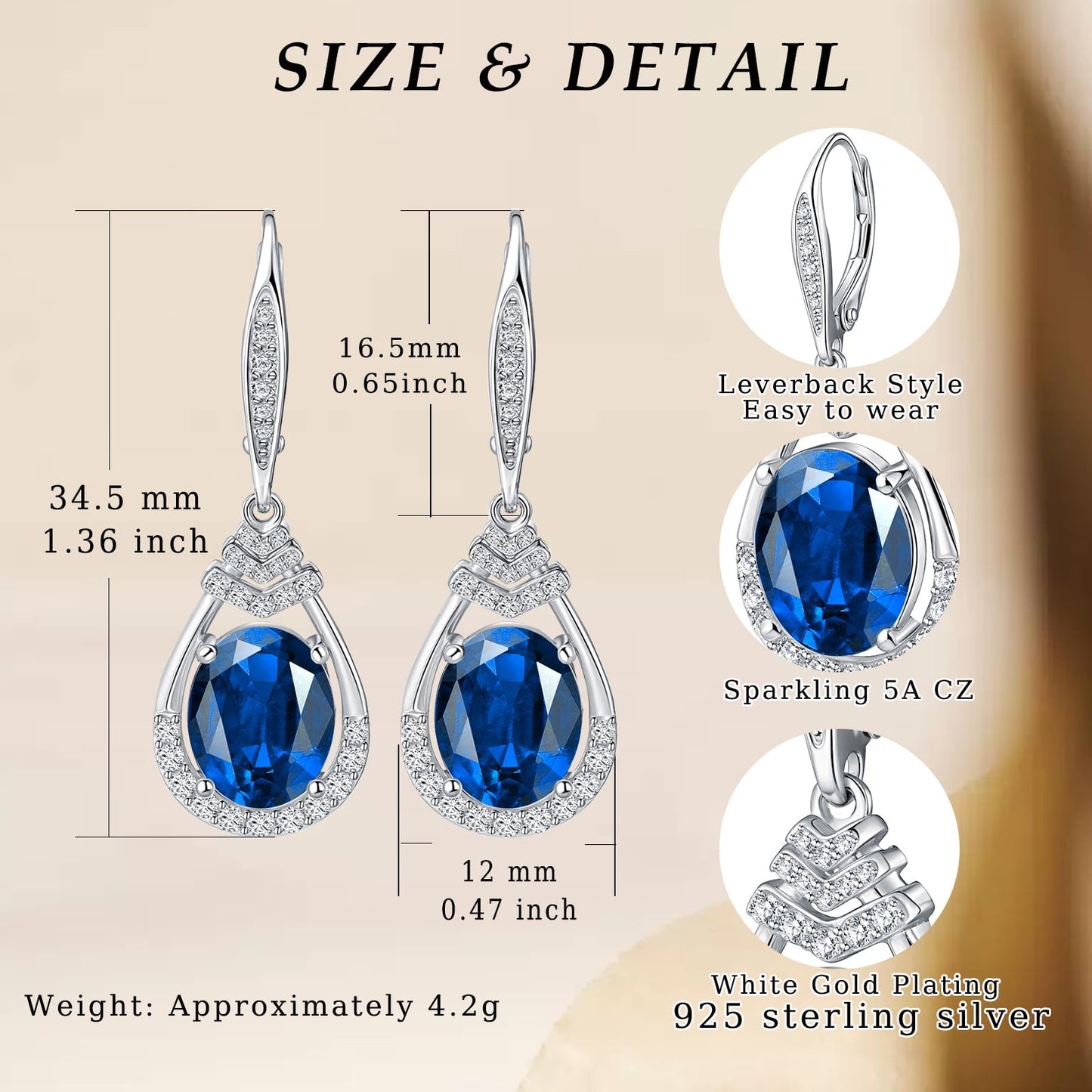 Blue Sapphire Dangle Earrings for Women September Birthstone Sterling Silver Teardrop Leverback Drop Earring Wedding Jewelry for the Bride Oval Cut CZ Earrings Anniversary Birthday Gifts for Wife Mom