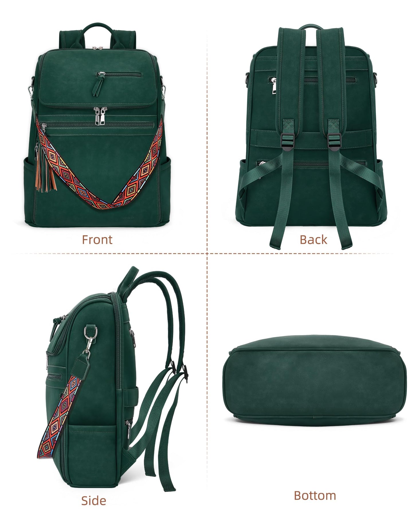 SYTRAH Leather Laptop Backpack for Women Designer Laptop Bag, 16.5 inch Travel Computer Backpacks Purse with Tassel for Work Business with Satchel Purse Green