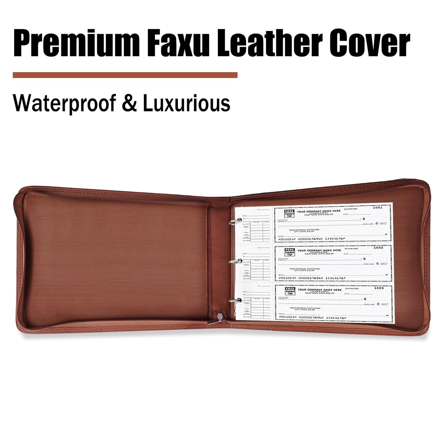 LLi Cufite 3 Rings Check Binder for End-Stub Deskbook Checks, Zipper Business Check Binder, 3 on a Page, Fit 3 & 9 Holes Check Faux Leather (Brown)