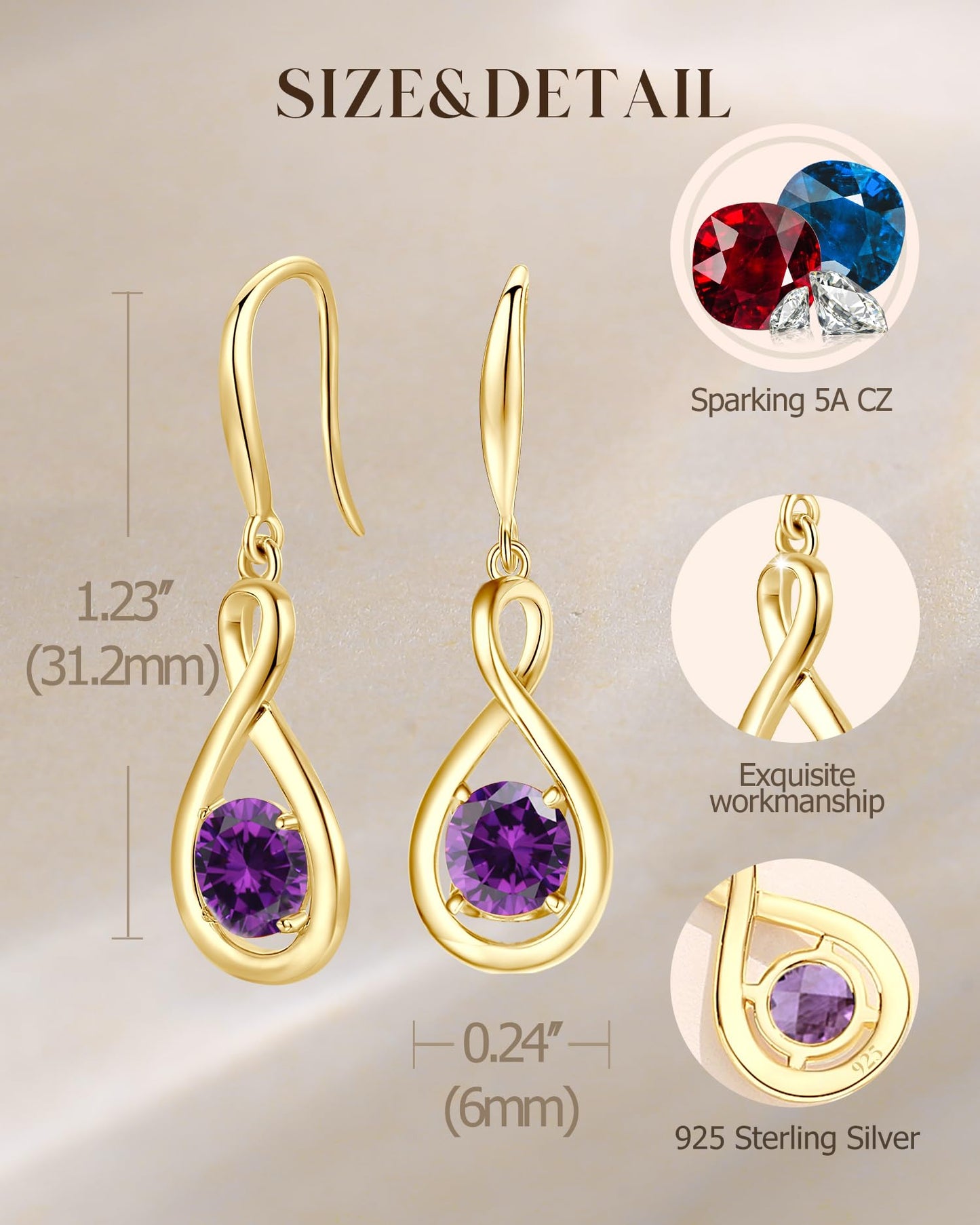 FANCIME Amethyst Dangle Drop Earrings 925 Sterling Silver Yellow Gold Plated Dainty Infinity Purple Gemstone February Birthstone Earring Fine Jewelry Birthday Mothers Day Gifts for Women Her