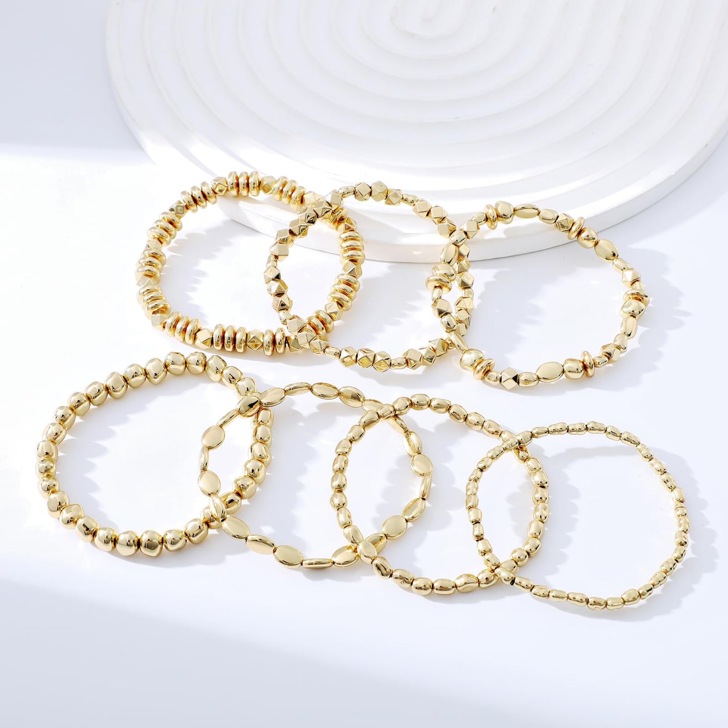 Sajidos Gold Plated Beaded Bracelets for Women Trendy, 14K Gold Plated Stack Cross Pearl Gold Plated Bead Stretch Bracelets Set Elastic Hypoallergenic Bracelets Jewelry Gifts