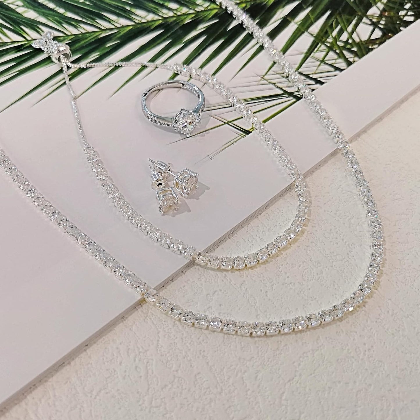 LULII Tennis Necklace Set for Women Dainty Sterling Silver Necklace and Earring Sets Diamond Earrings Crystal Bracelets Diamond Ring for Women Silver Jewelry Sets for Wedding Bride Gift
