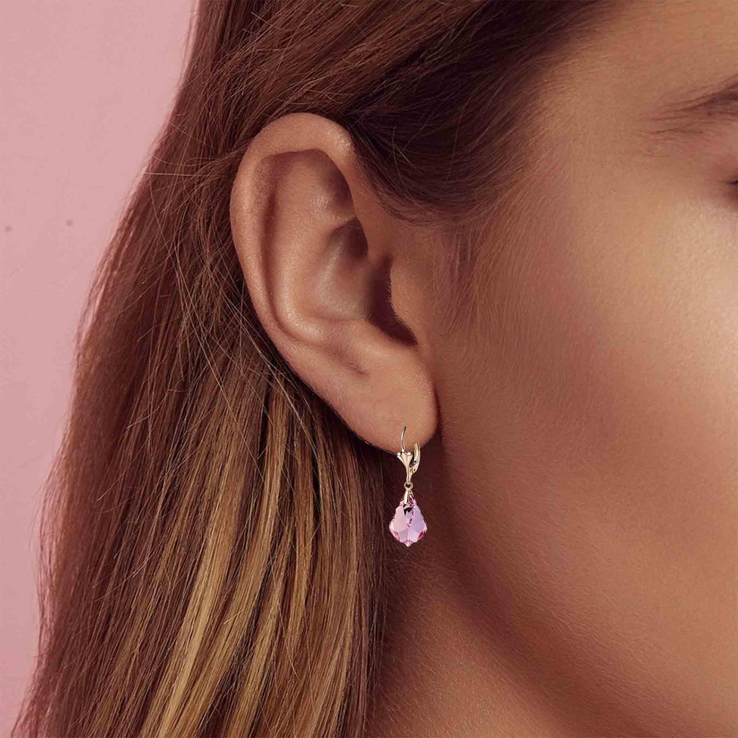 Austrian Crystal Baroque Drop Leverback Earrings for Women Fashion 14K Gold Plated Hypoallergenic Jewelry (Pink)