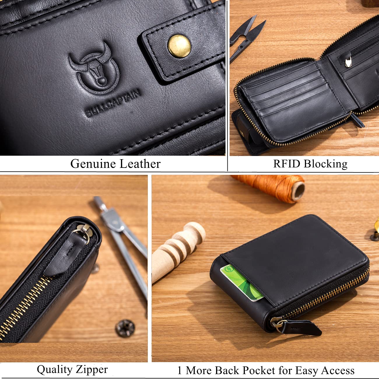 BULLCAPTAIN Genuine Leather Wallet for Men Large Capacity ID Window Card Case with Zip Coin Pocket QB-231 (Black)