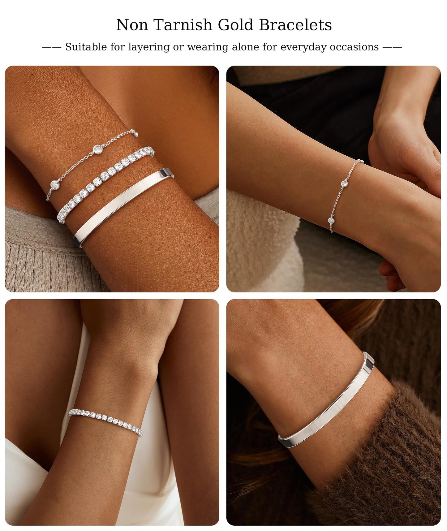 ZOERAY Silver Gold Bangle Bracelets for Women Non Tarnish 14k Gold Plated Stackable Cuff Bracelets for Women Trendy Cubic Zirconia Stainless Steel Chunky Bracelet Stack Set Waterproof Jewelry Gifts