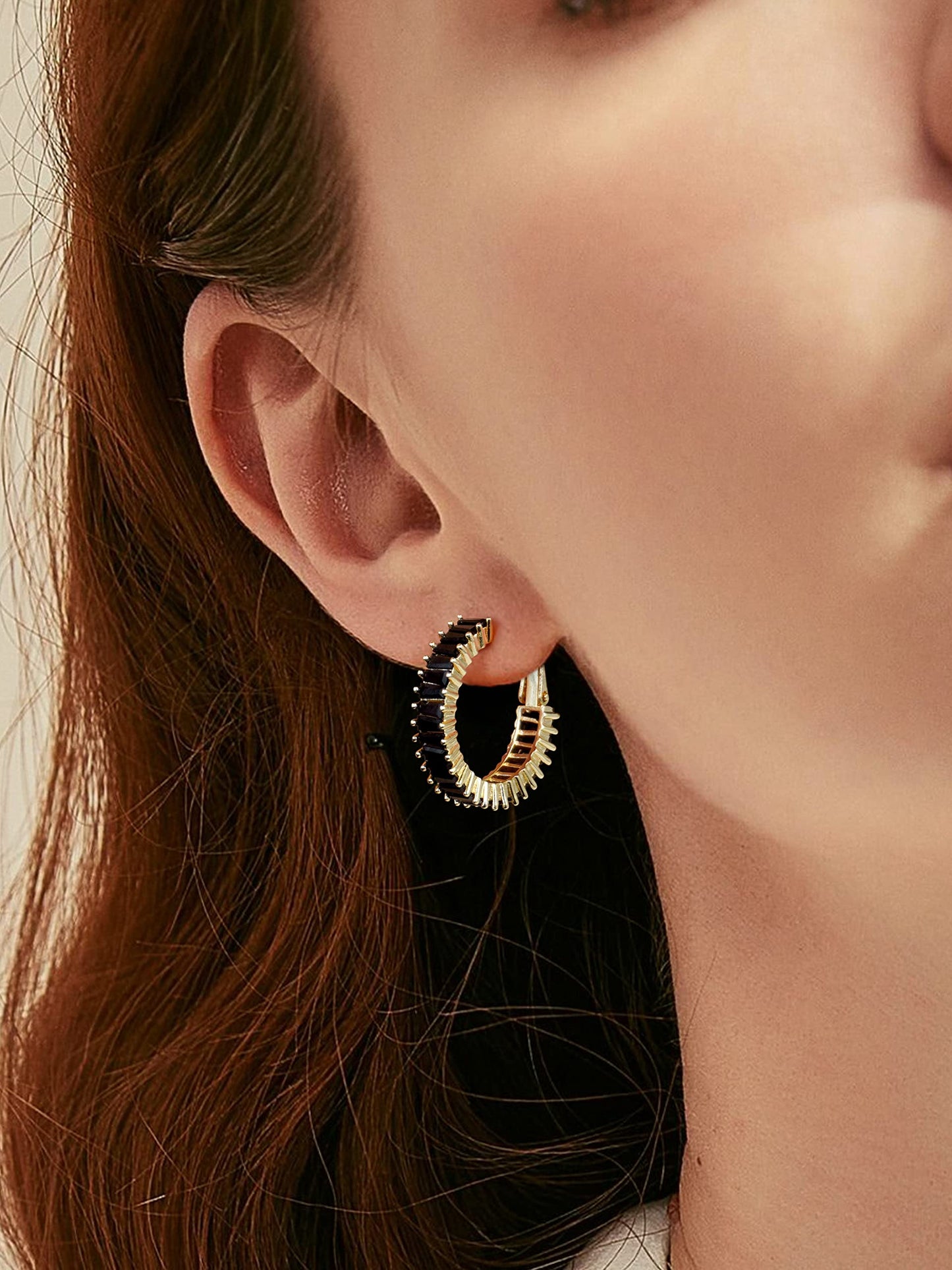GLOQUAT CZ Gold Plated Black Hoop Earrings 14K Gold Plated Hoop Earrings for Women Vintage Black Cubic Zirconia Earring Fashion Round Circle Hoops for Women 25mm