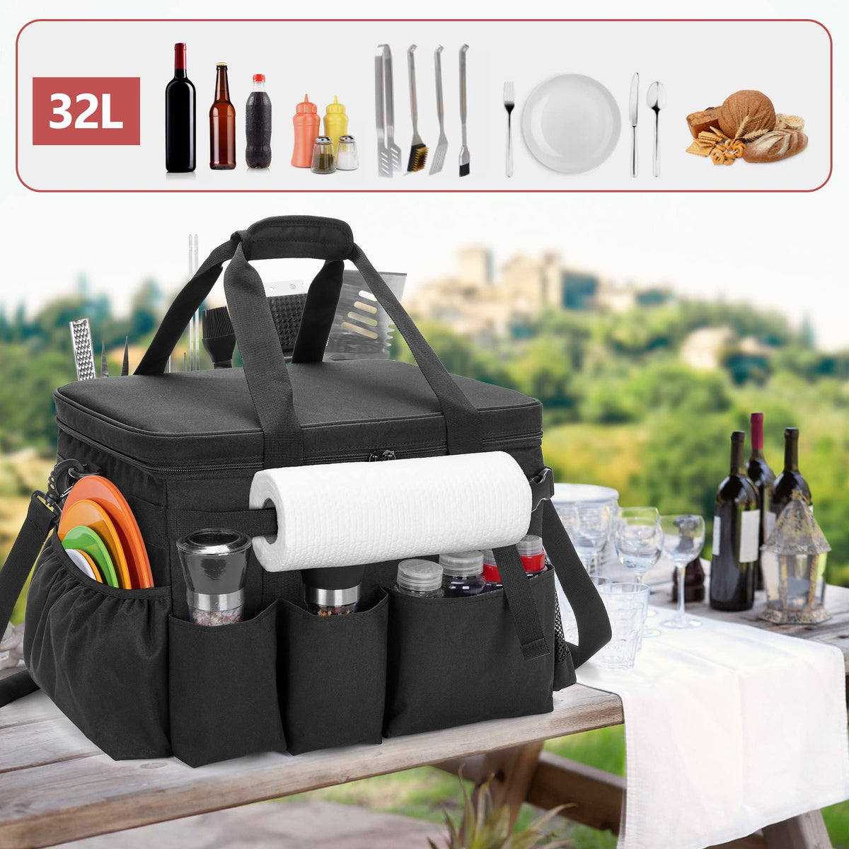 HODRANT Large Grill Caddy with Lid, BBQ and Picnic Bag Organizer with Paper Towel Holder, Tailgating Accessories Basket for Barbecue Utensil & Camping Gear Must Haves, Black, Bag Only