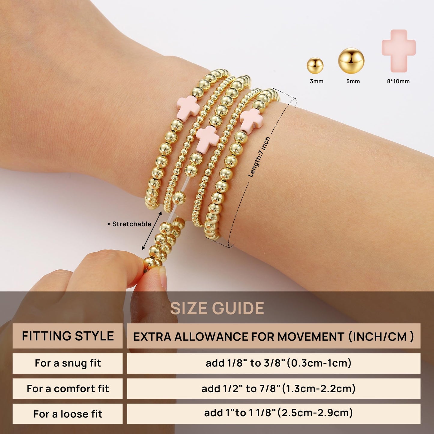 Yoosteel Gold Beaded Bracelets Set for Women - 14k Gold Plated Dainty Tiny Round Beaded Cross Pearl Bracelet Stack for Women Teenage Girl Gifts Stackable Jewelry Gifts 5 PCS