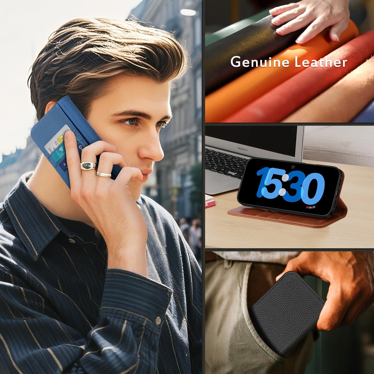 SHIELDON Genuine Leather Wallet Case for iPhone 17 Pro 6.3" 2025 | Flip Cover | Magnetic Closure | RFID Blocking Credit Card Holder | Kickstand | Shockproof Phone Cover | Retro Brown