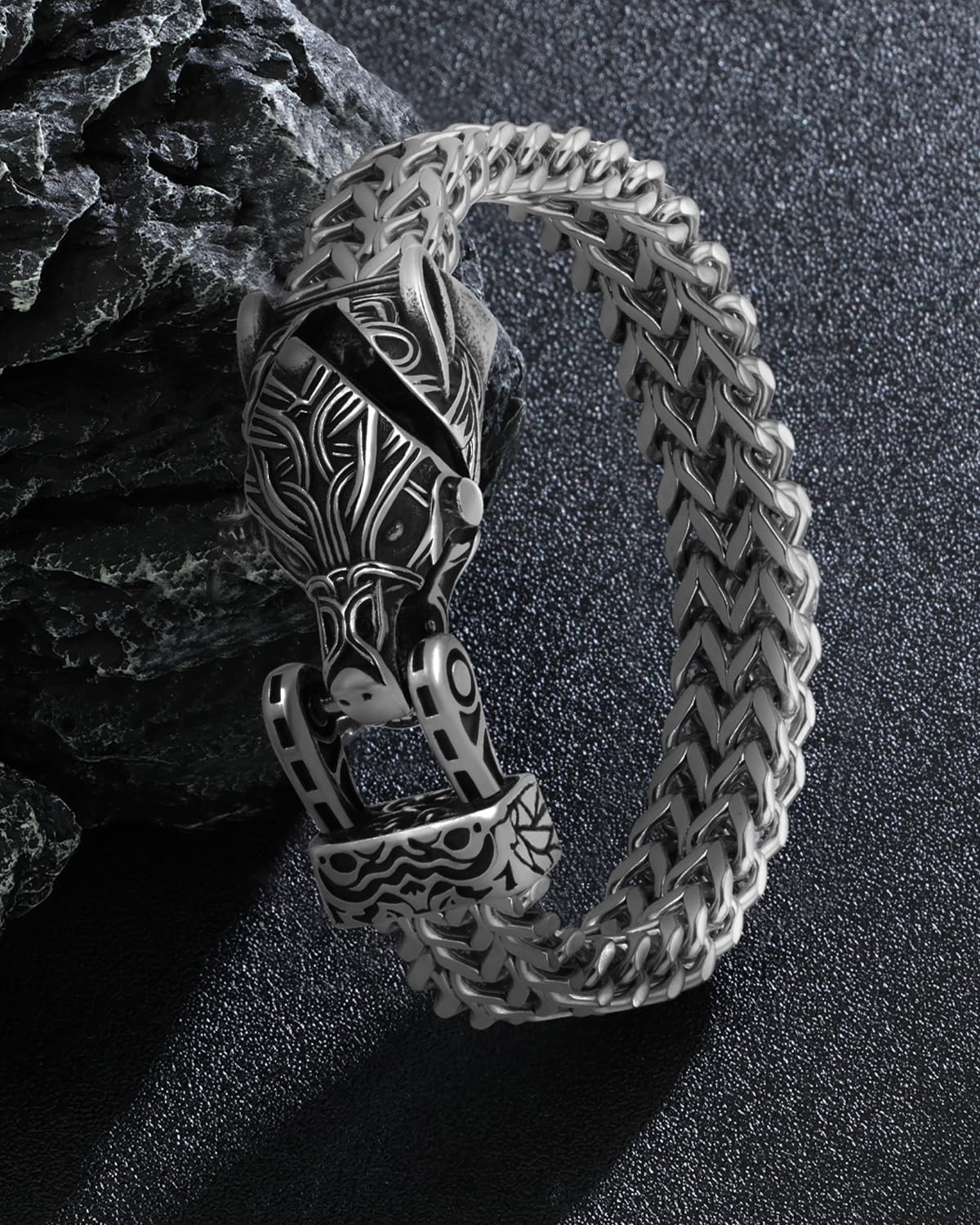 LuxGoth Stainless Steel Wolf Head Heavy Cuban Link Chain Bracelet Gothic Punk Rock Biker Vintage Norse Viking Wolf Franco Link Curb Bracelet Jewelry for Men Silver GTS-B1B45034