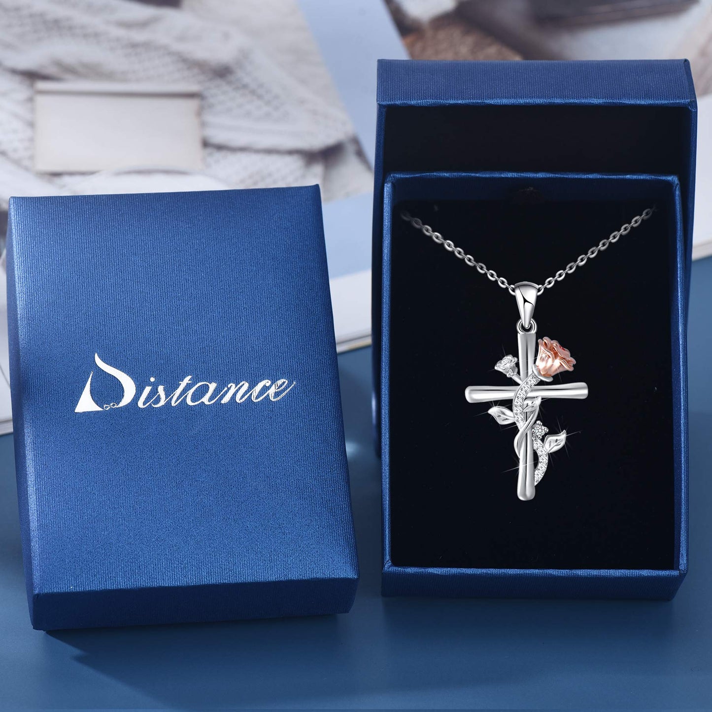 Distance Cross Necklace for Women 925 Sterling Silver Rose Pendant Jewelry Necklace for Mom Wife Gift for Mother's Day Birthday