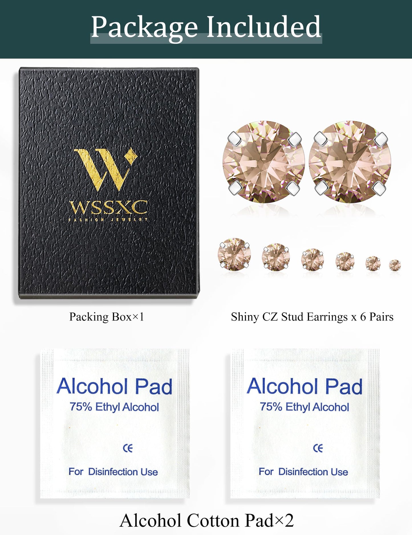 6 Pairs Stud Earrings Set Hypoallergenic Cubic Zirconia 316L Earrings Stainless Steel Earrings for Women (Champagne Color)
