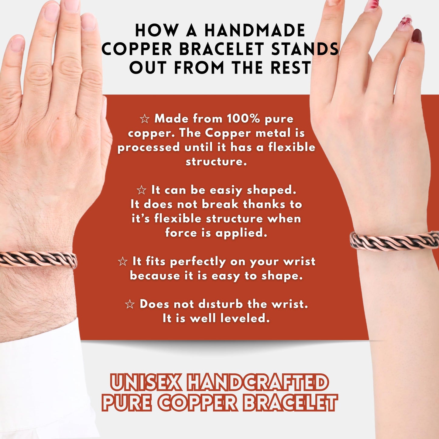 Handmade Elegant Copper Bracelet for Women and Men-Pure Copper Bracelet for Pain Relief and Stress Relief-Adjustable, Thickest, Twisted Copper Wire Bracelet to Fit many Size Wrist(folded) (folded-small)