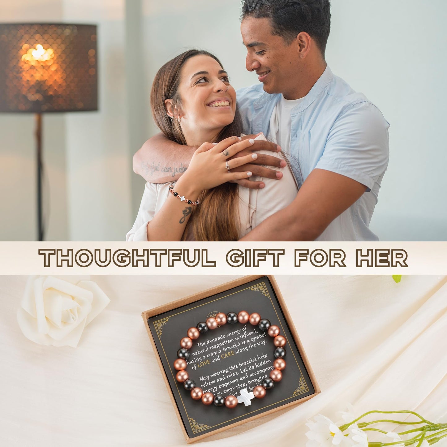 PEALICIOUS Copper Bracelet for Women and Men, 8MM Cross Copper Magnetic Bracelets with 3500 Gauss Magnetic Bead as Christian Jewelry for Mom, Cooper Hematite Jewelry as Mother Day Gift for Parents