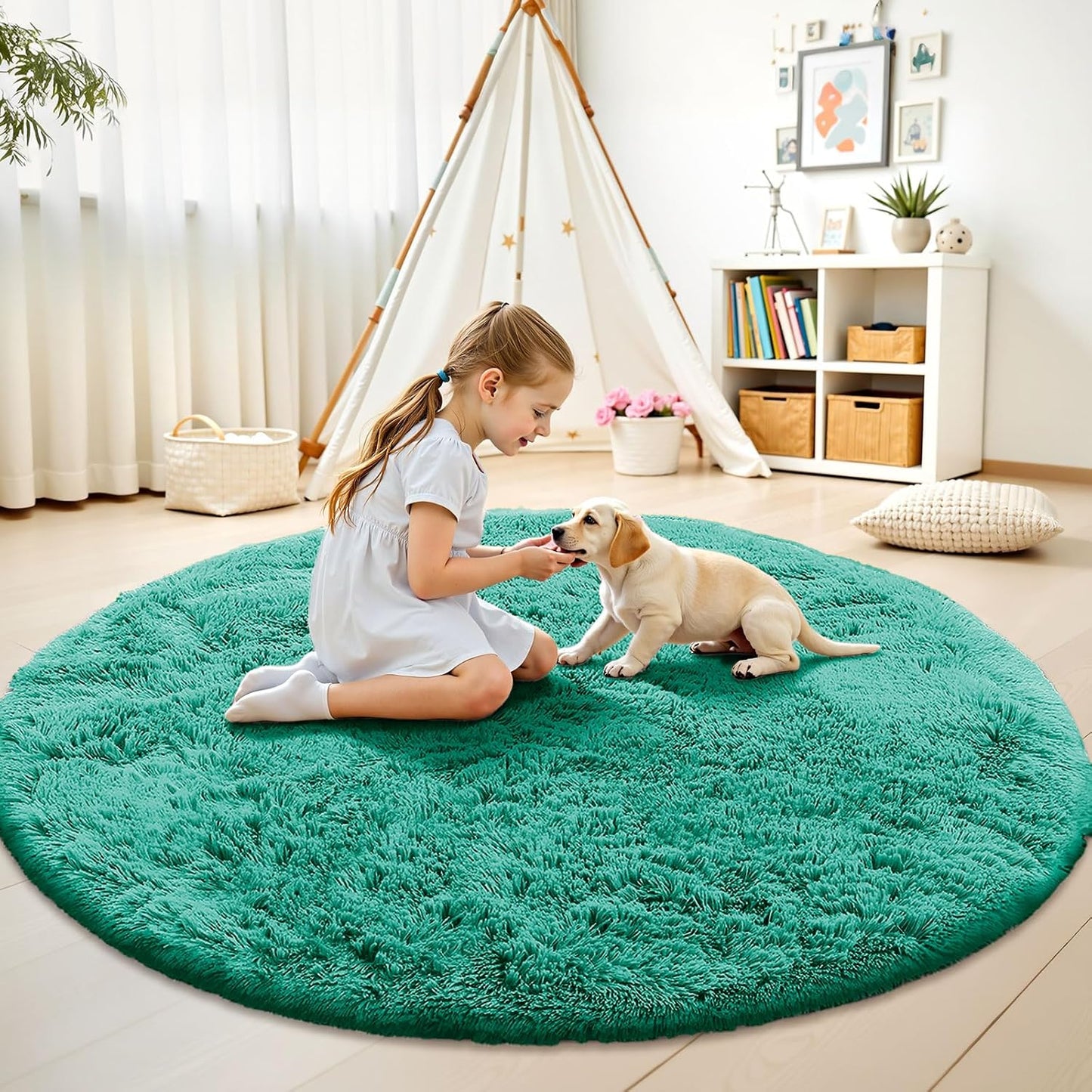 OLANLY Teal Green Round Rug - Soft, Fluffy Shaggy Carpet for Bedroom & Living Room, 4 ft Circle
