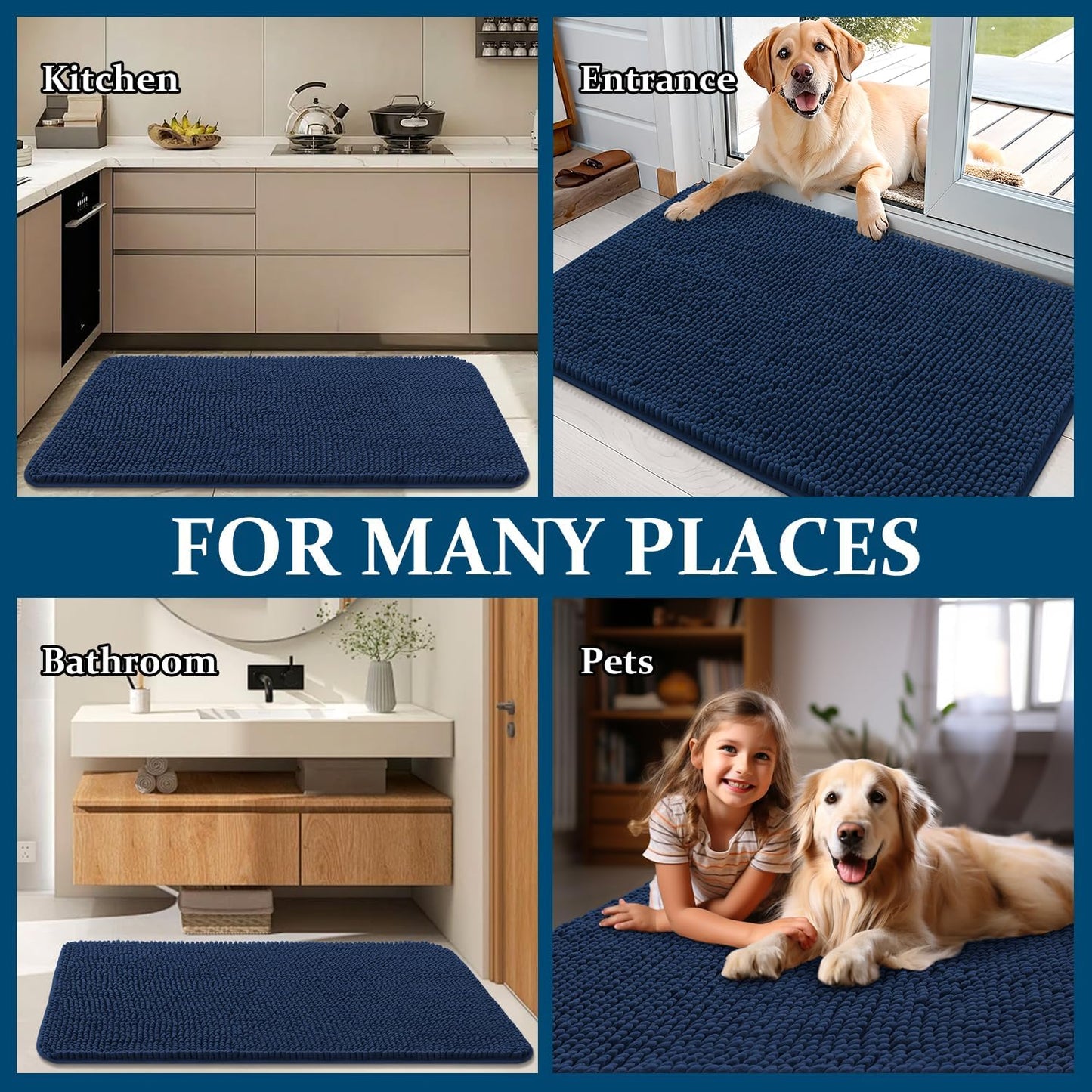 OLANLY Dog Door Mat - Absorbent Non-Slip Chenille Mat for Muddy Paws | Quick Dry 59x35, Dark Blue