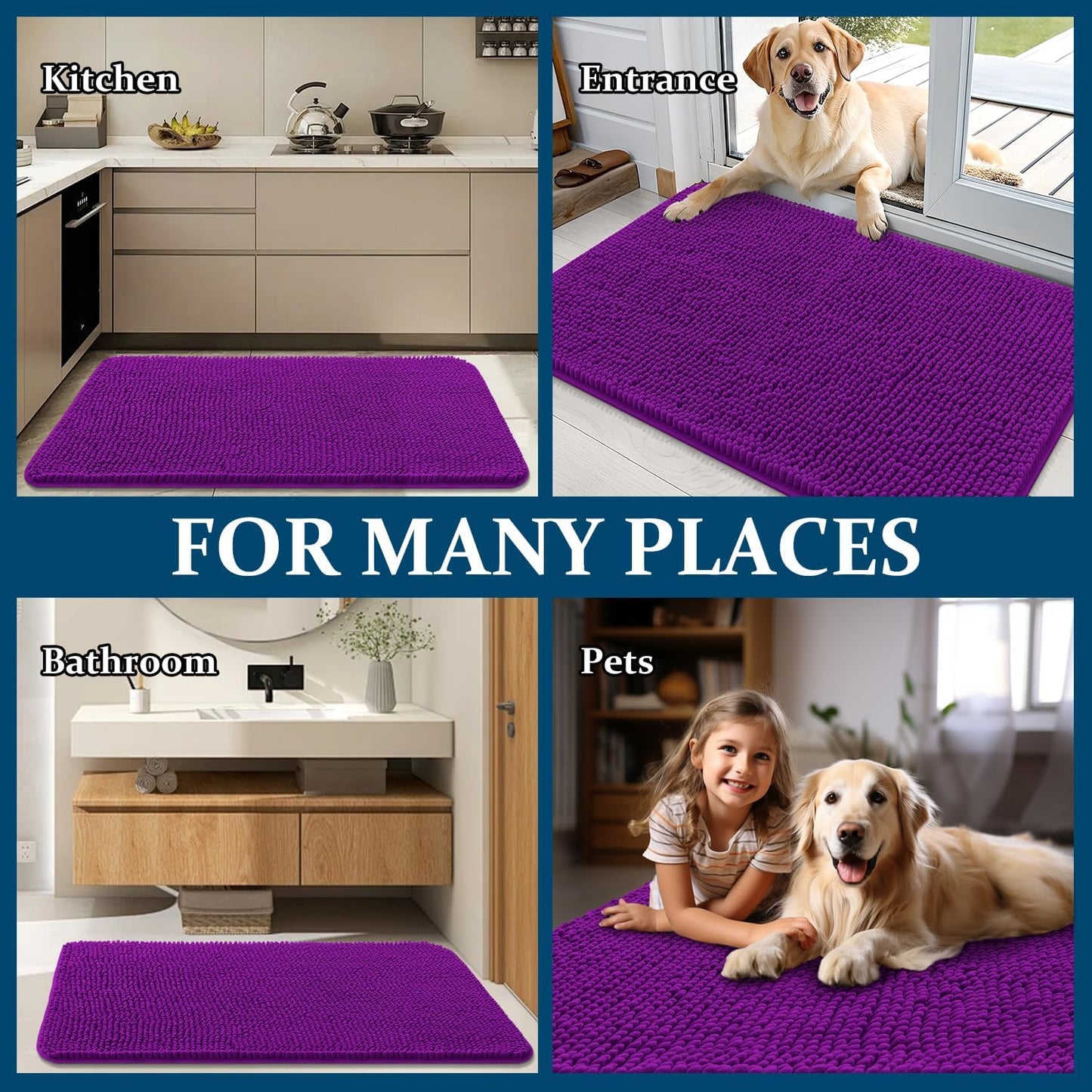 OLANLY Dog Door Mat - Absorbent Non-Slip Chenille for Muddy Paws | 47x32 Inches, Quick Dry, Purple