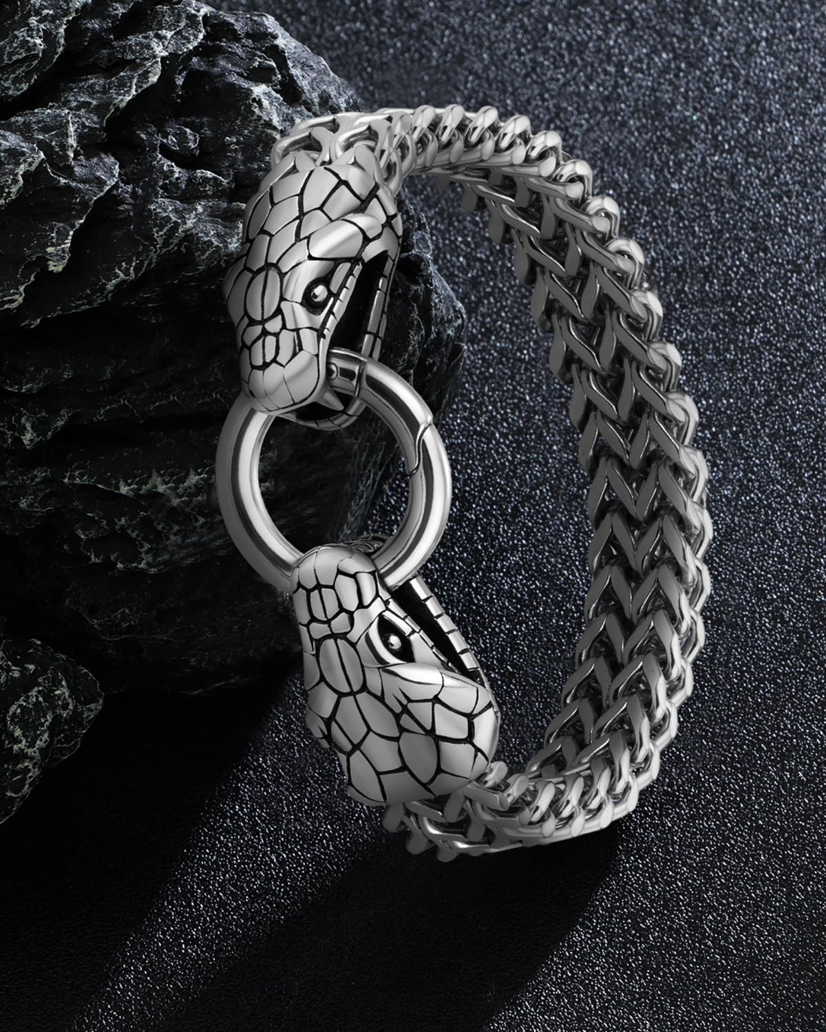 LuxGoth Stainless Steel Double Snake Heads Heavy Cuban Link Chain Bracelet Gothic Punk Rock Biker Vintage Viking Snake Franco Link Curb Bracelet Jewelry for Men Silver GTS-B1B45033