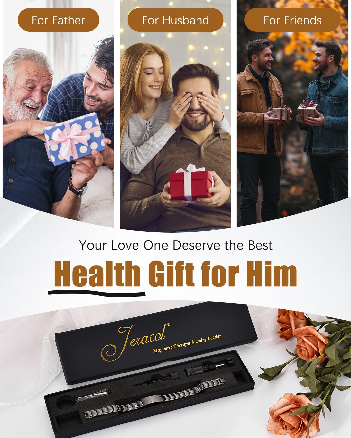 Jeracol Copper Bracelet for Men, Ultra Strength Magnetic Bracelets with 3500 Gauss Magnets - Adjustable Sizing Tool & Gift Box (Black Cross Style)