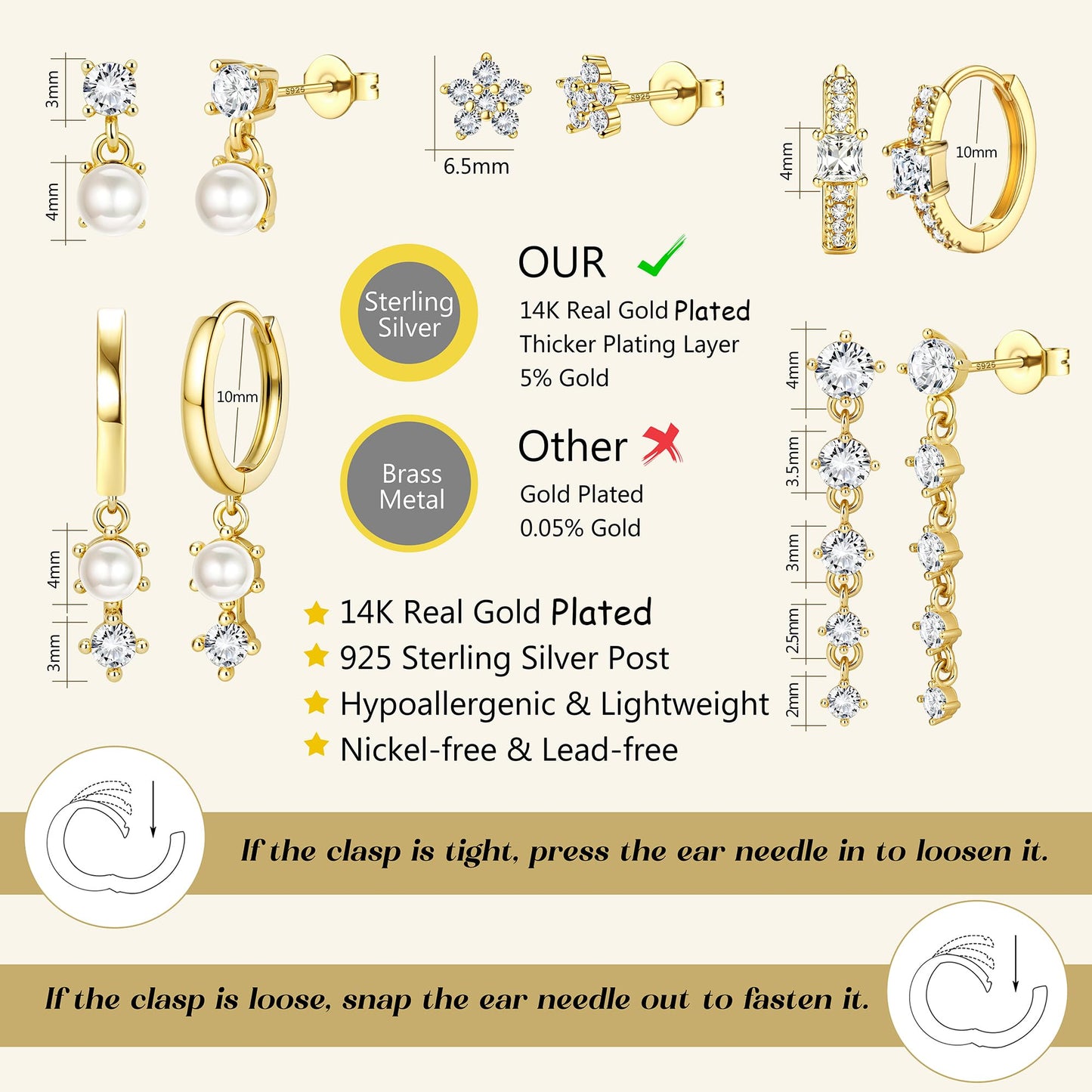 MILACOLATO 5Pairs 925 Sterling Silver Earrings for Women 14K Gold Plated Stud Huggie Hoop Earrings Sets for Multiple Piercing Hypoallergenic CZ Pearl Cartilage Earrings Stacks Trendy Gifts