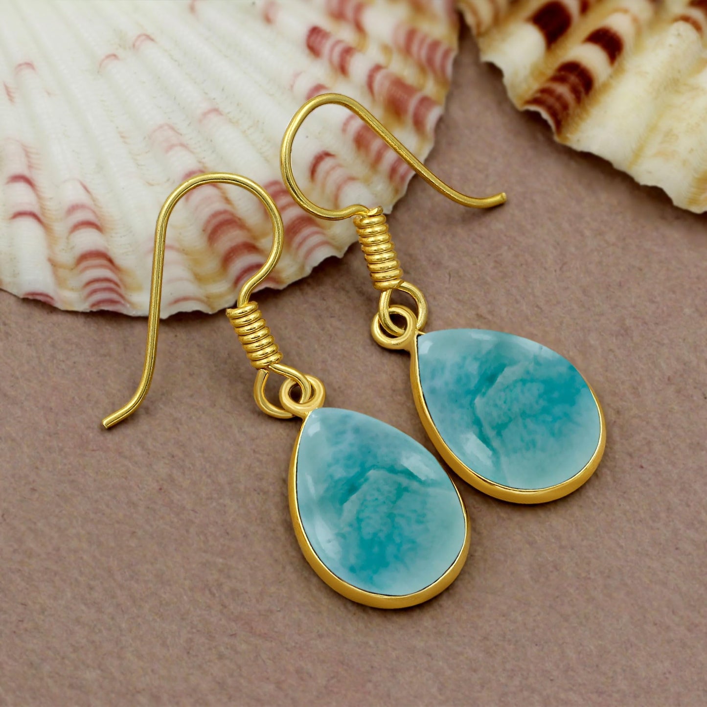 Natural Larimar 14K Yellow Gold Plated Dangle Earrings for Women - Teardrop Shape Blue Gemstone Vintage Style Handmade Earrings - Christmas Wedding Gifts for Her