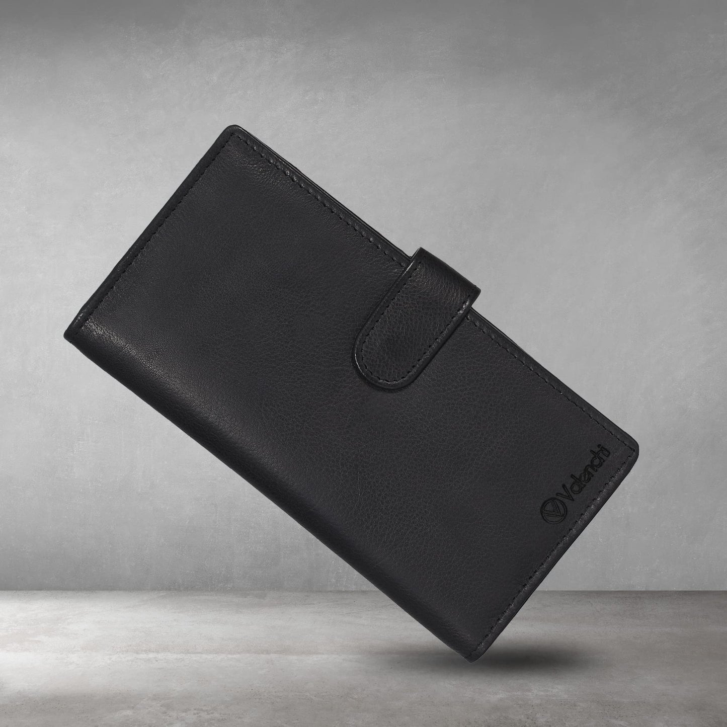 Leather Checkbook Cover for Men & Women - Duplicate Checks - RFID Blocking - Slim Long Wallet with 5 Card Holder Slots - Personal & Business Checks (Black Nappa)