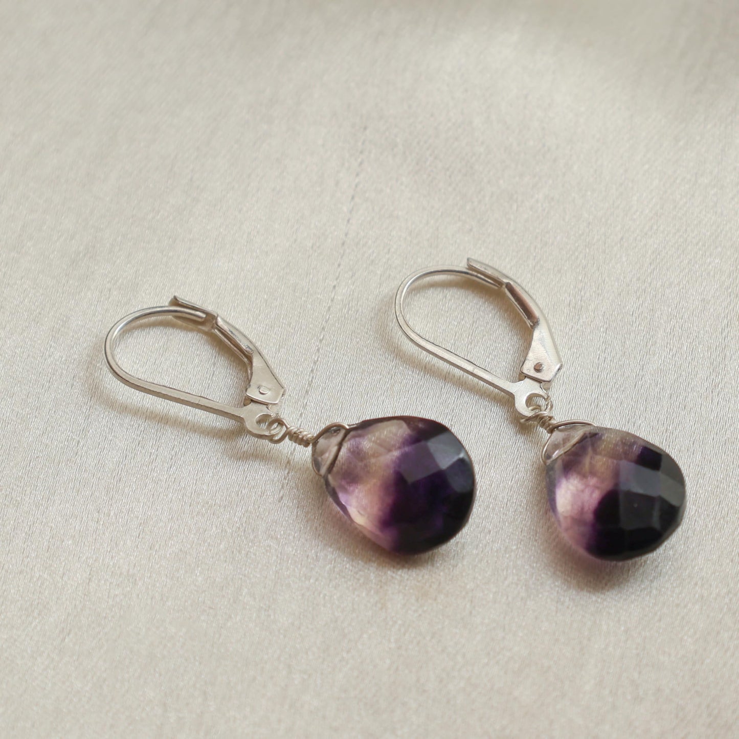GemInspire Fluorite Teardrop Earrings for Women 925 Sterling Silver Leverback Lightweight Natural Crystal Dangle Minimal Drop Jewelry Gift for Mom Wife Girlfriend Everyday Wear