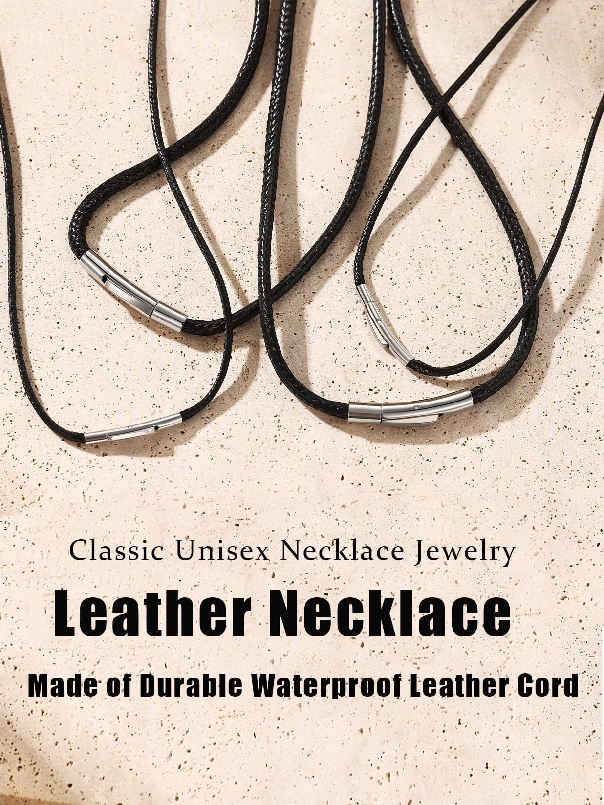Bestyle 2MM Black Leather Necklace for Men Women,Waterproof Wax Woven Rope Chain with Stainless Steel Clasp, Leather Cord Necklace for Pendants 30"