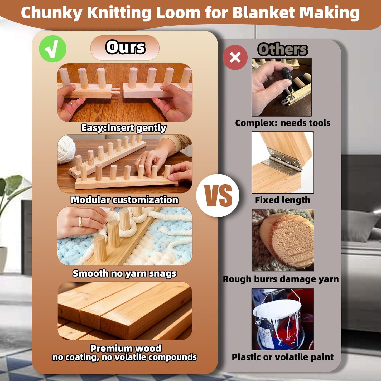 QAMGCYW 75" Chunky Yarn Loom, Beginner Hand Knitting Loom with Detachable Wooden Frame, Adjustable Size No Needles, DIY Blanket Weaving Loom, Premium Wood No Coating