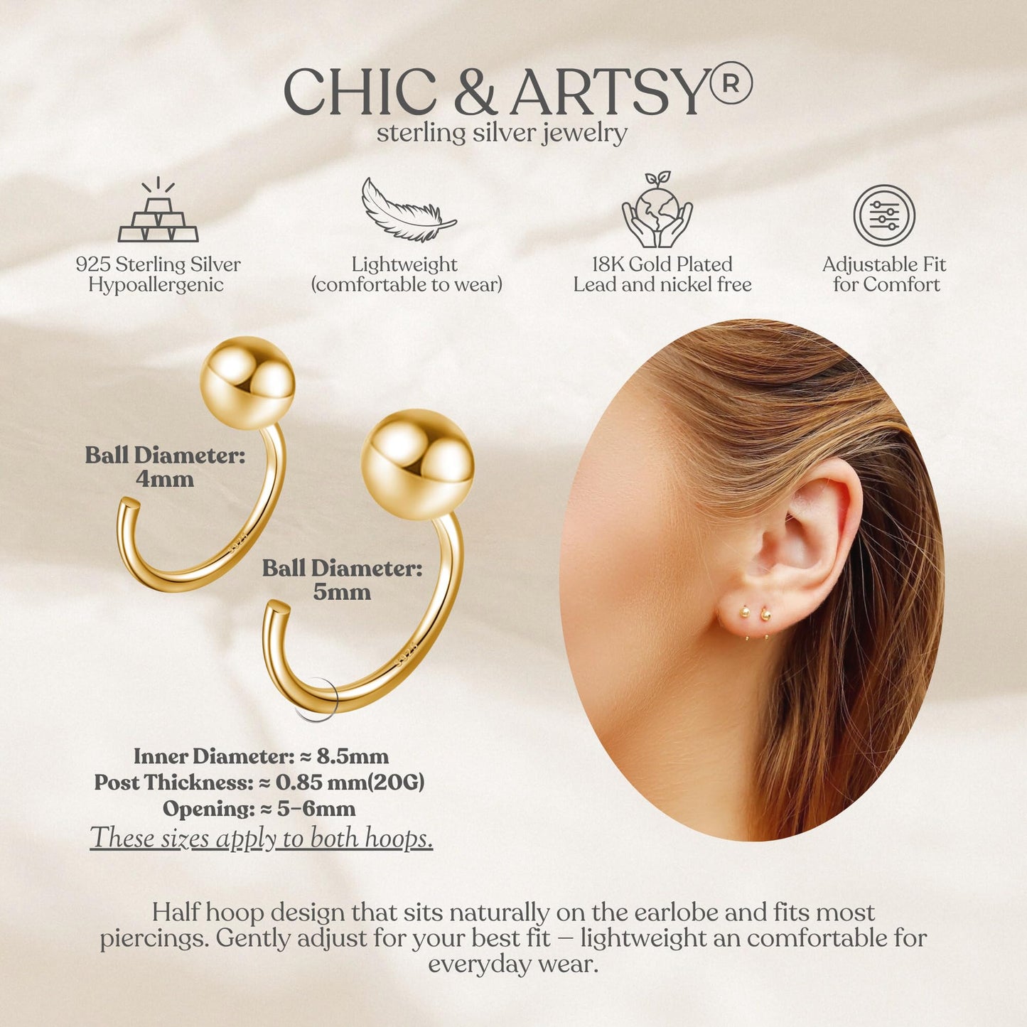 CHIC & ARTSY 18k Gold Plated Sterling Silver 4mm 5mm Ball Half Hoop Earrings Set, 2 Pairs Sleep Earrings for Women, Hypoallergenic Comfort Fit Everyday Stacking Huggies
