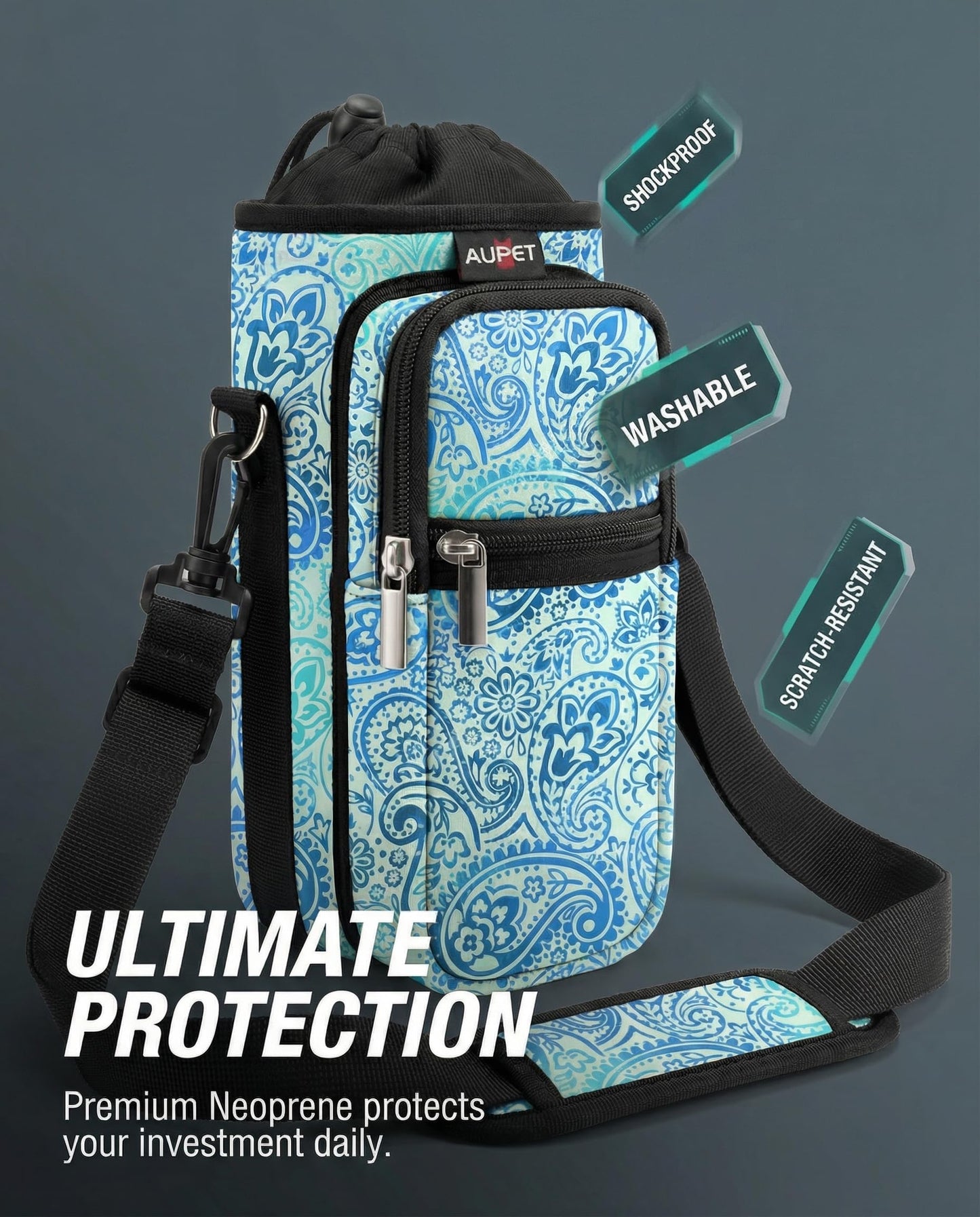 AUPET Water Bottle Sling Bag Sleeve Holder Carrier 25/32/40/64 oz,Insulated Crossbody Water Bottle Case Cover with Strap and Pockets for Men/Women Walking Hiking Camping (25oz, blue feather)