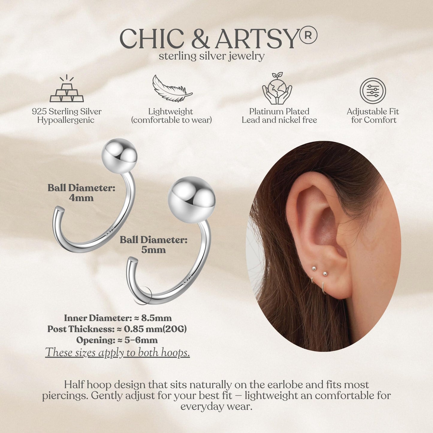 4mm Half Hoop Earrings Set 925 Sterling Silver Ball Huggies Hoop Earrings for Women 2 Pairs Little Ball Hug Hoop Earrings Double Pierced Hugger Hoop Earring Set
