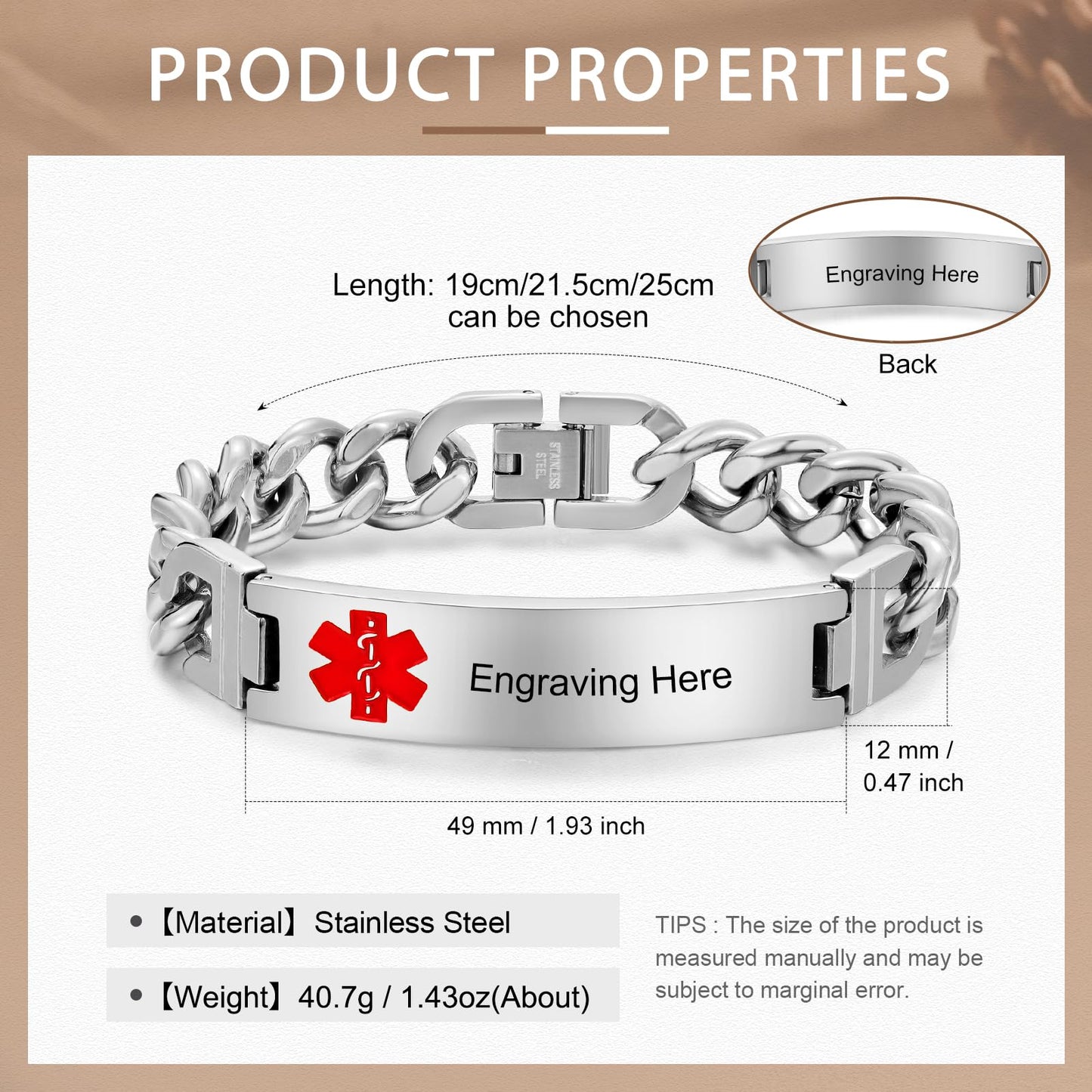 Bijouweled Medical Alert Bracelet for Women Men 7.5 to 9.8 Inches Emergency ID Bracelets Free Engraving Personalized Medic Alert Bracelet for Adult (Silver 7.5-9.8inch 3 sizes)