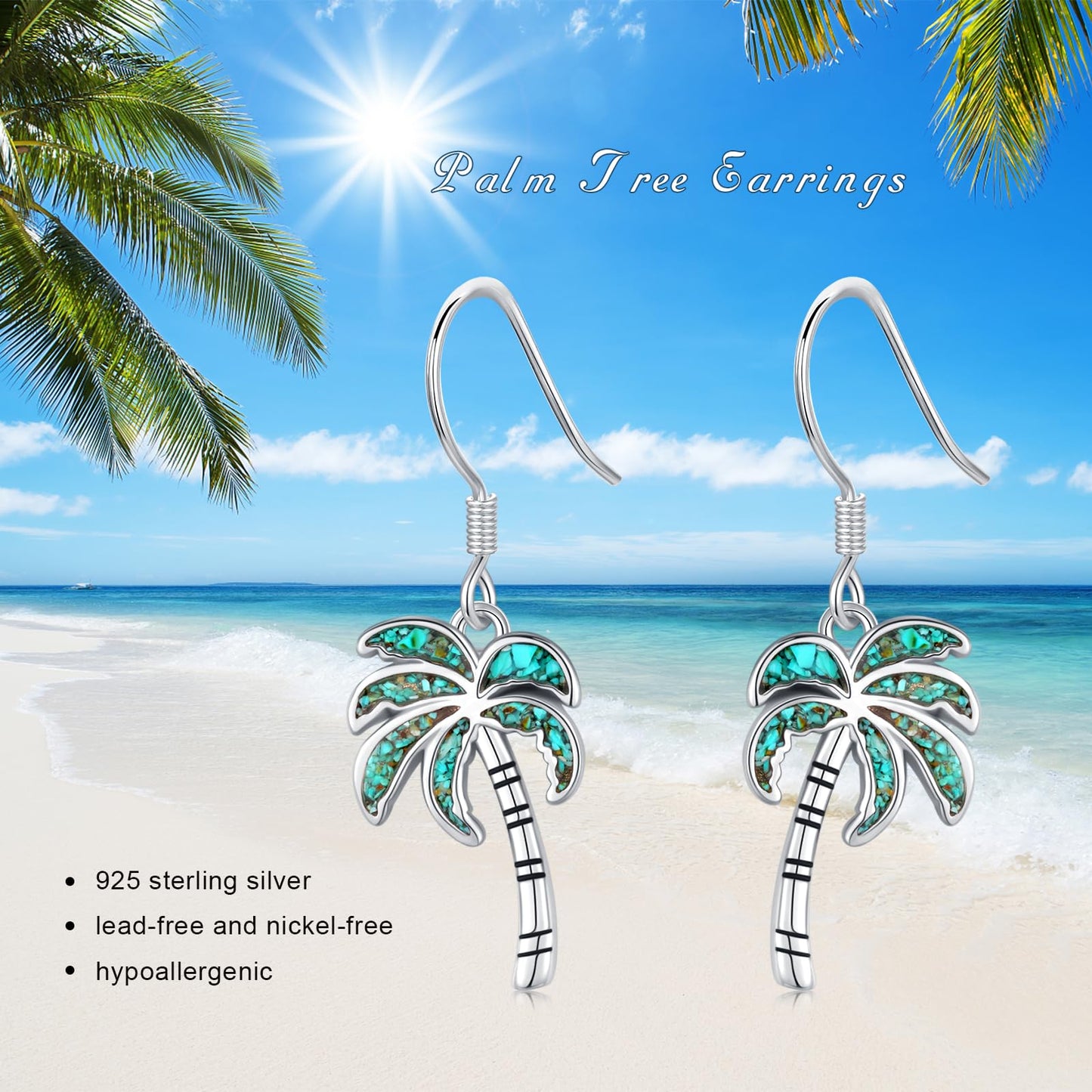 YYmqmq Palm Tree Earrings 925 Sterling Silver Hawaiian Turquoise Tropical Dangle Drop Earrings Beach Themed Ocean Jewelry Gifts for Women Girlfriend Mom