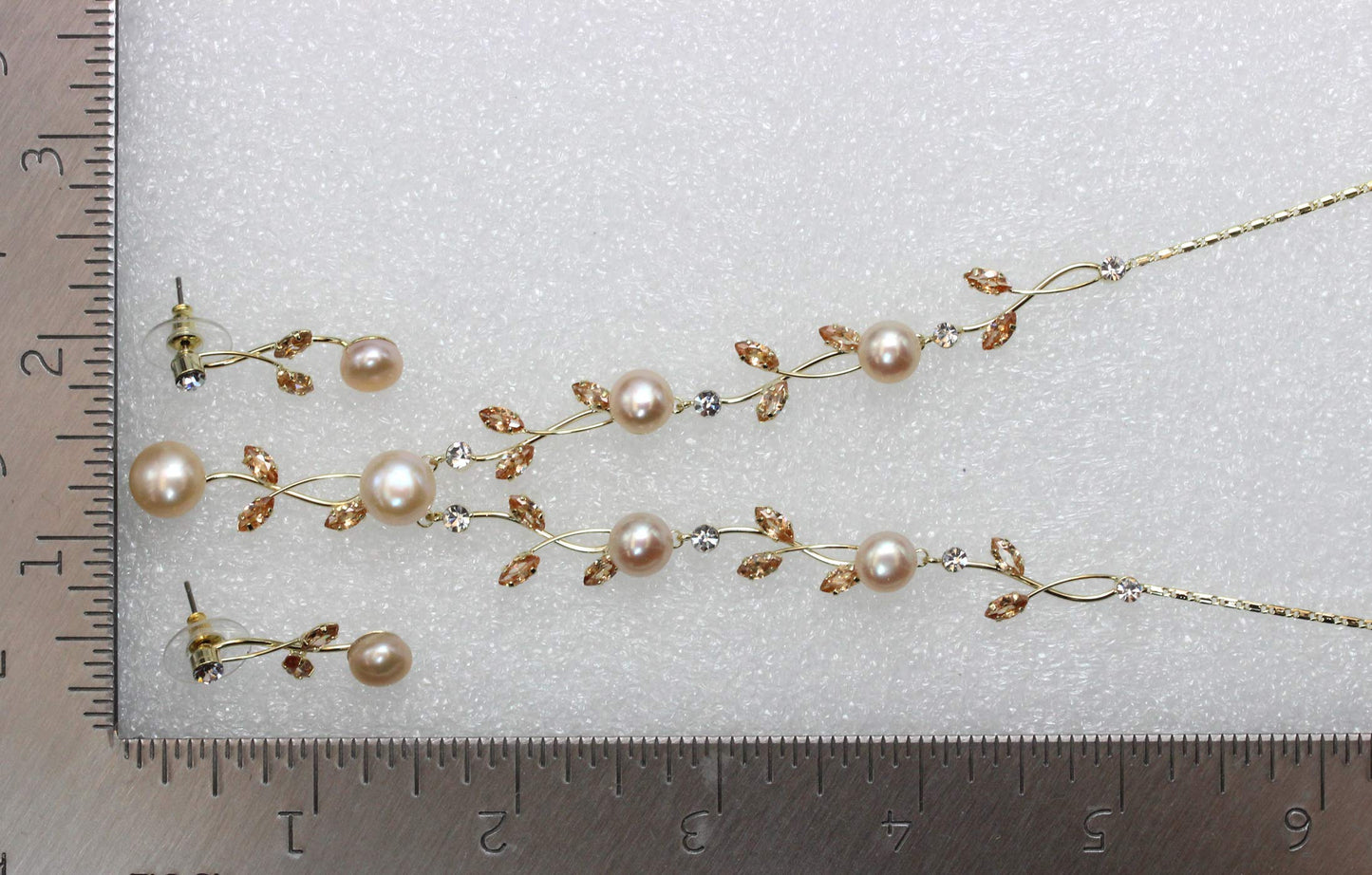 Faship Champagne Brown CZ Crystal Pink Genuine Freshwater Pearls Floral Necklace Earrings Set - Topaz Color Brown