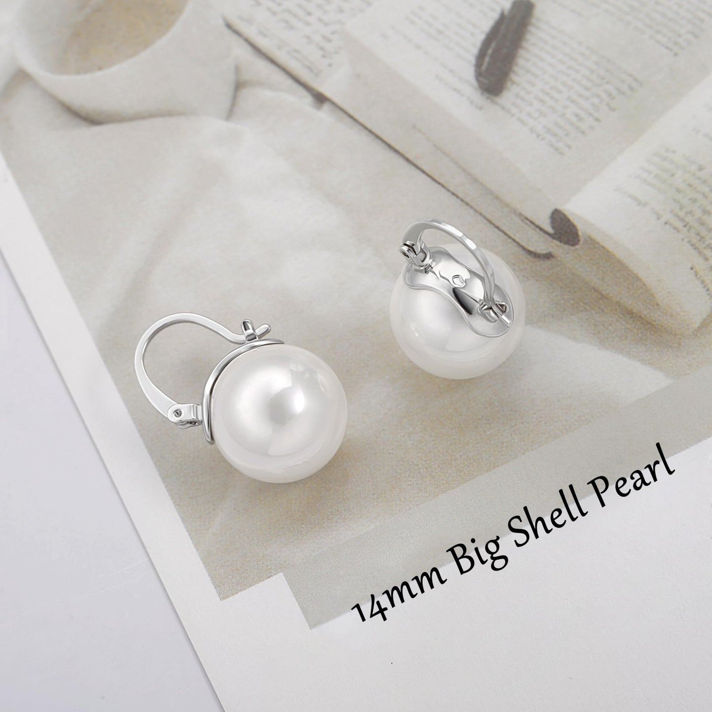 14mm Big Pearl Drop Earrings, Simple Silver Huggie Hoop Earrings, Dainty Wedding Jewelry for Bridal